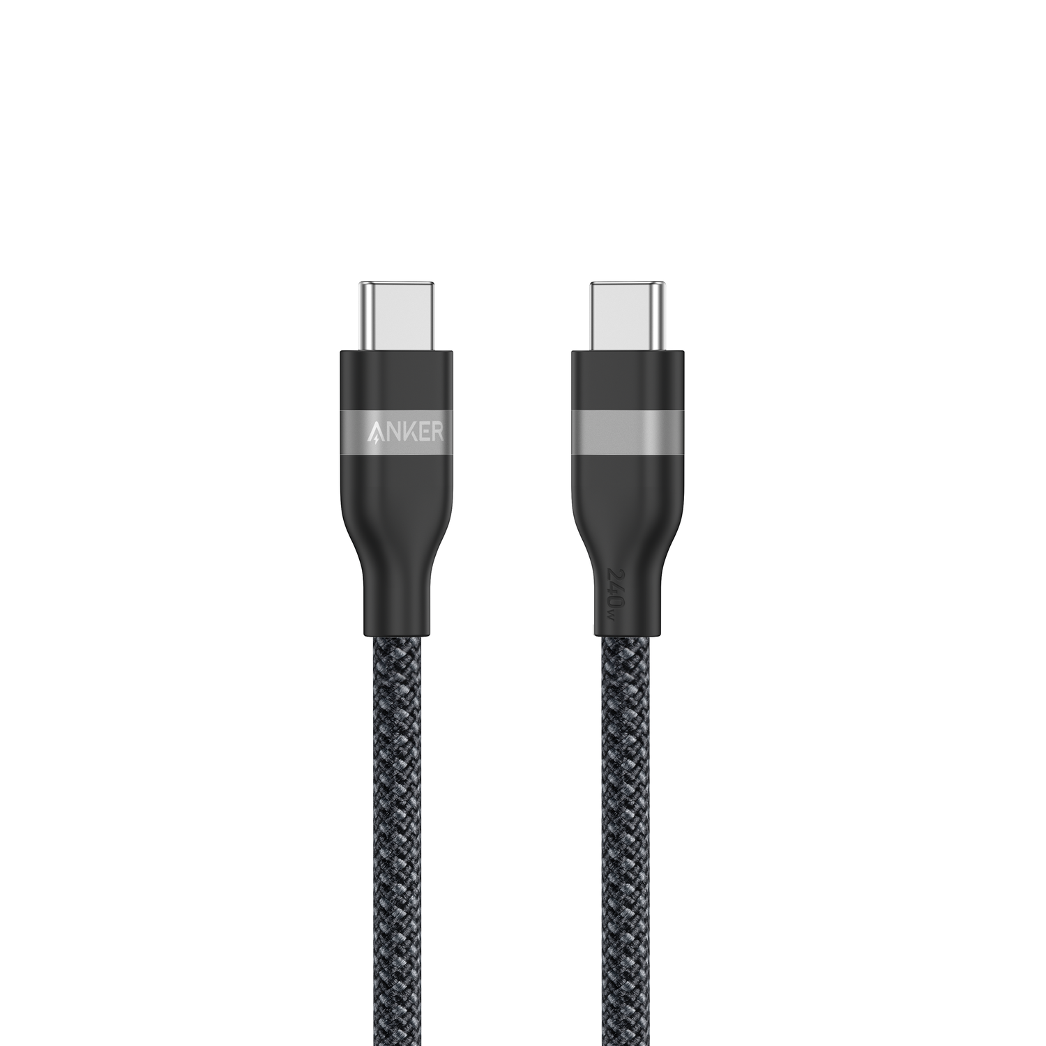 Deux câbles USB-C noirs Anker avec connecteurs argentés et câbles tressés, sur fond blanc.