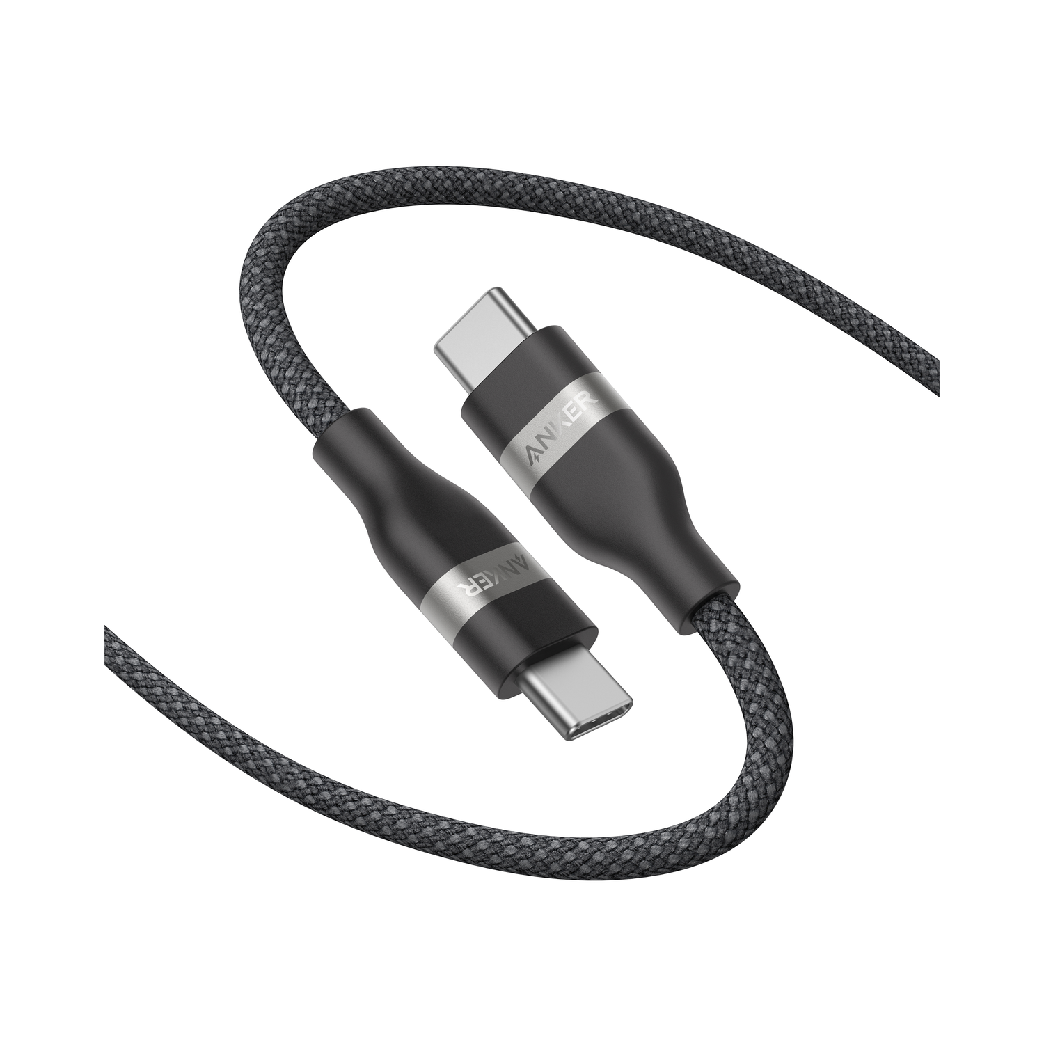 Câble USB-C Anker. Connecteurs noirs avec marquage argenté. Câble gris tressé. Fond blanc.