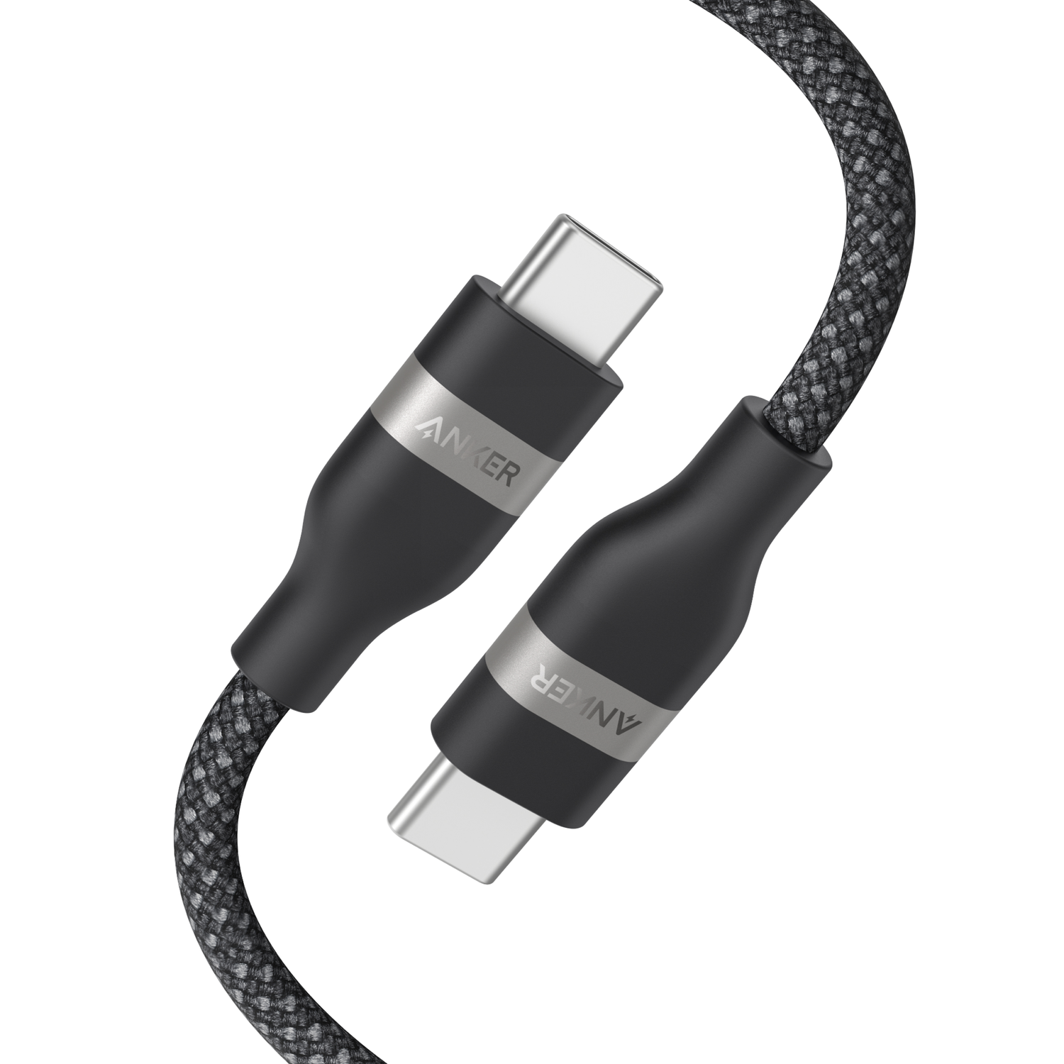 Câble USB-C Anker. Câble noir avec des accents argentés, logo Anker. Câble tressé avec connecteurs USB-C aux deux extrémités, sur fond blanc.