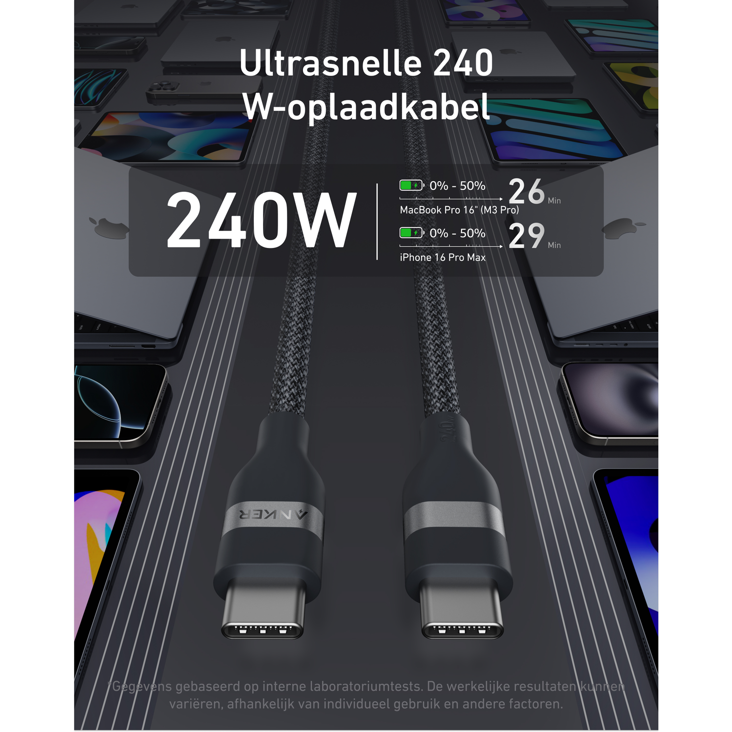 Câble de charge Anker 240W. Indique les temps de charge pour MacBook Pro et iPhone. Câble gris avec connecteurs USB-C. Arrière-plan avec appareils.