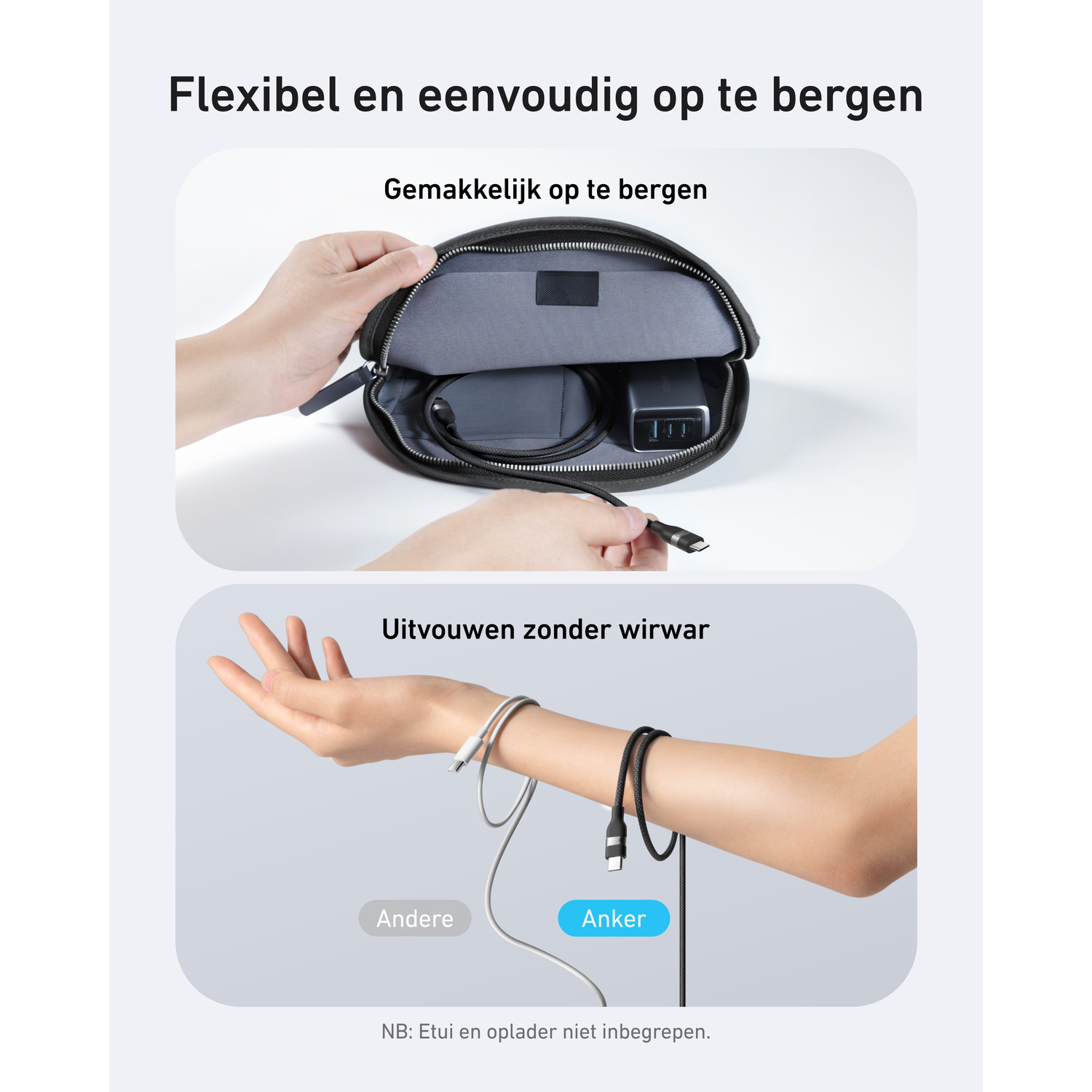 Un sac noir est ouvert, montrant des câbles et un chargeur. En dessous, une main tient un câble blanc, une autre un noir étiqueté Anker.