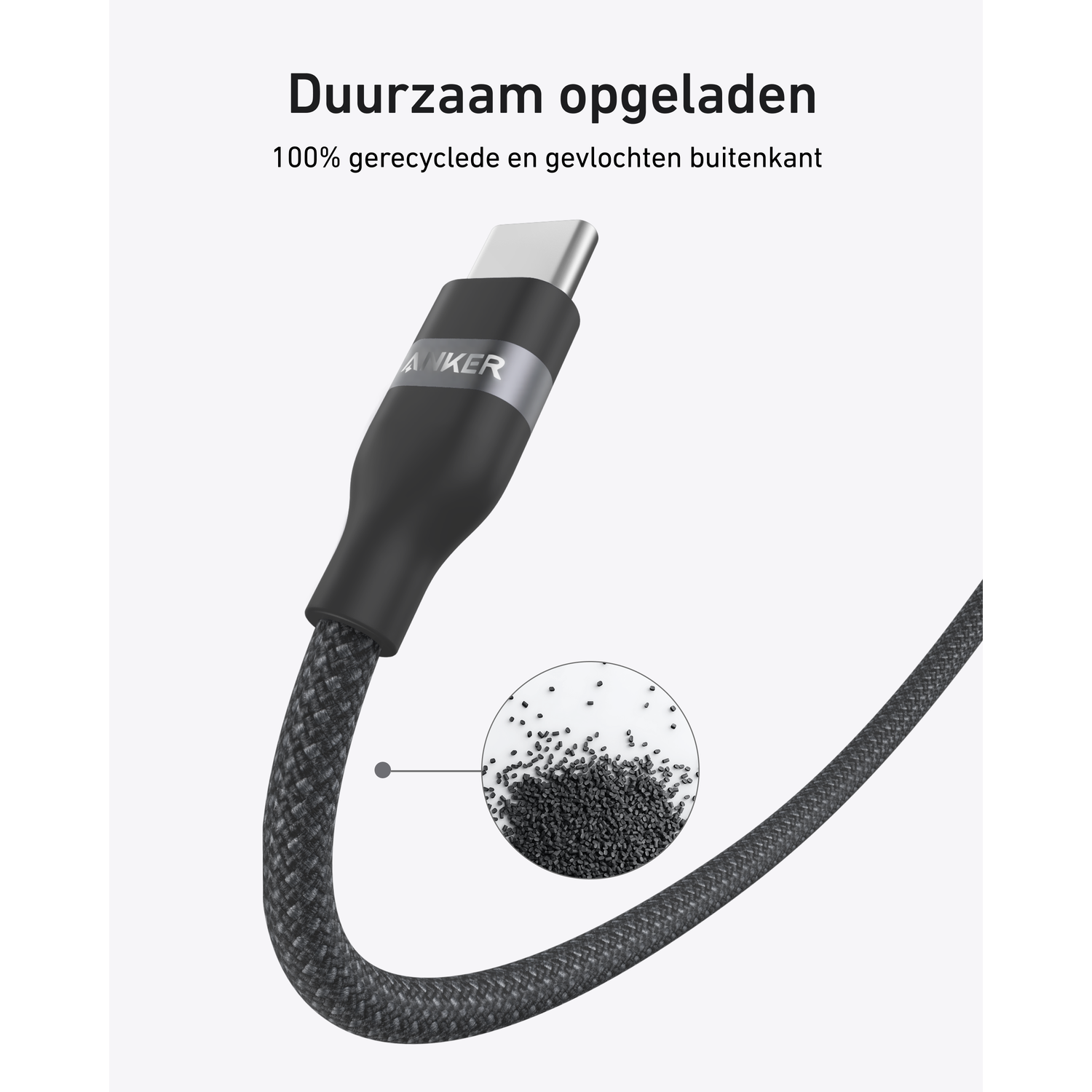 Un câble USB-C Anker. Câble noir avec une texture tressée. Le câble porte le logo Anker.
