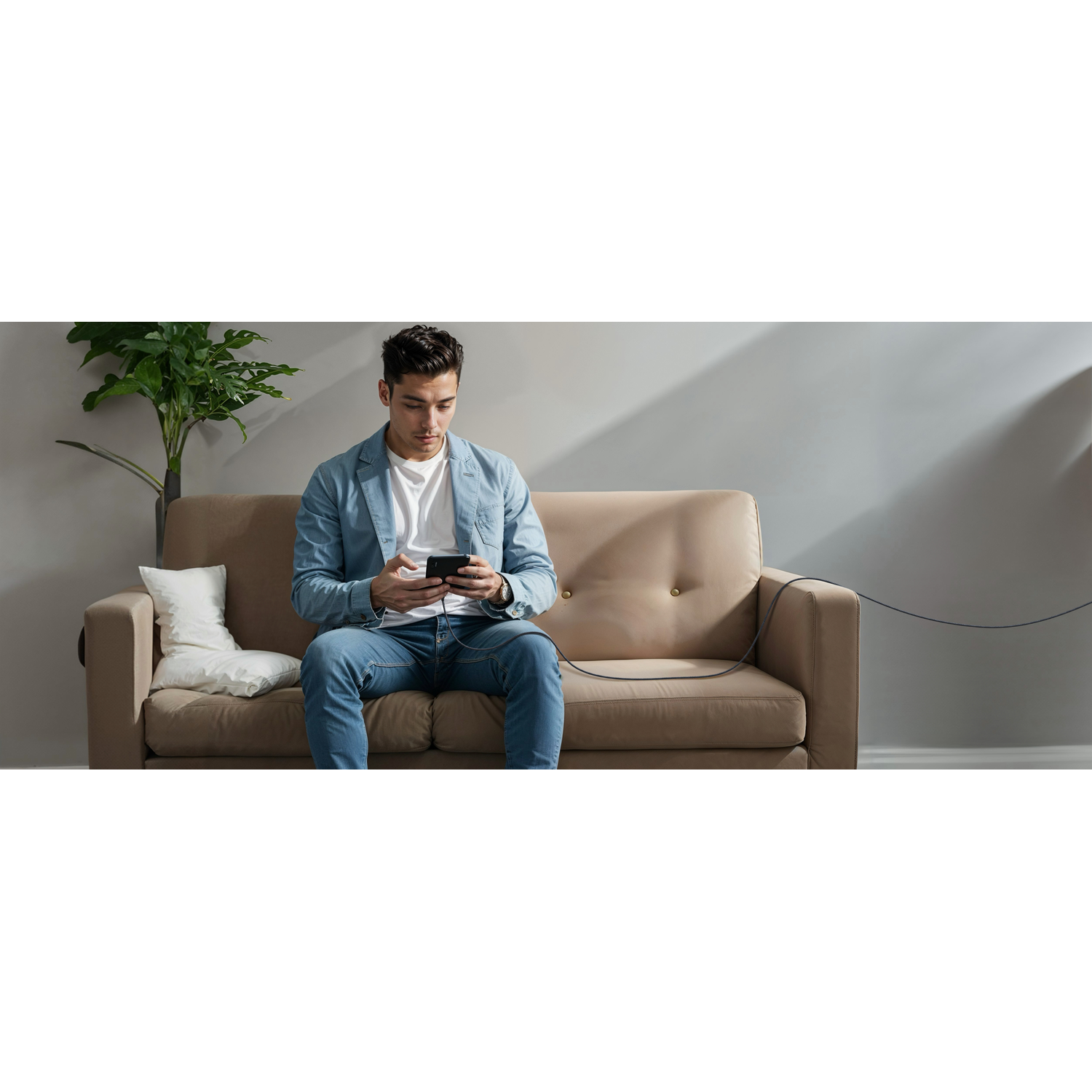 Un homme en veste bleue et jean est assis sur un canapé marron, regardant son téléphone. Une plante et un oreiller blanc sont à côté de lui.
