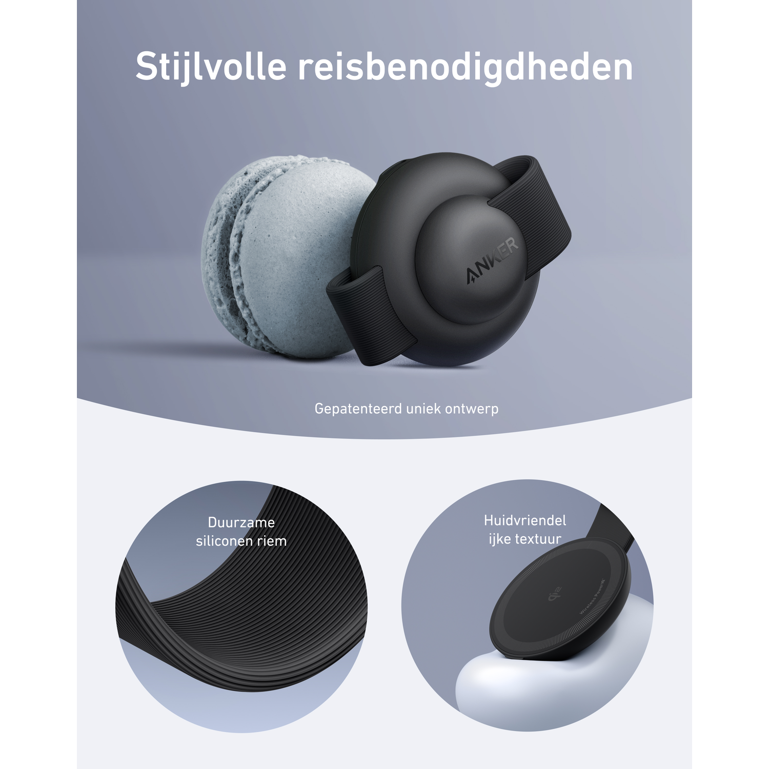 Un appareil Anker noir et un macaron bleu clair sur fond gris. Détails : bracelet en silicone et texture douce pour la peau.