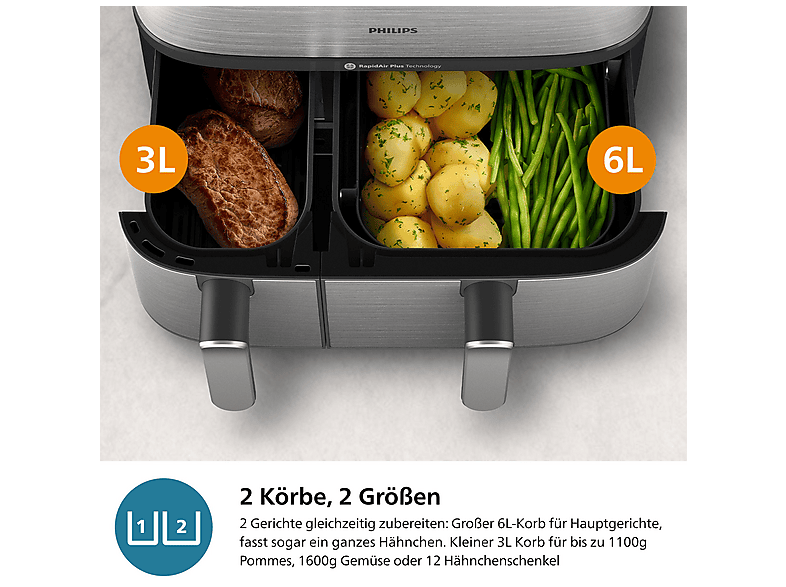 PHILIPS NA555/00 Steam Airfryer 5000 Series Dual Basket 9L Kapazität (3L+6L) Dampfgarer & Heißluftfritteuse