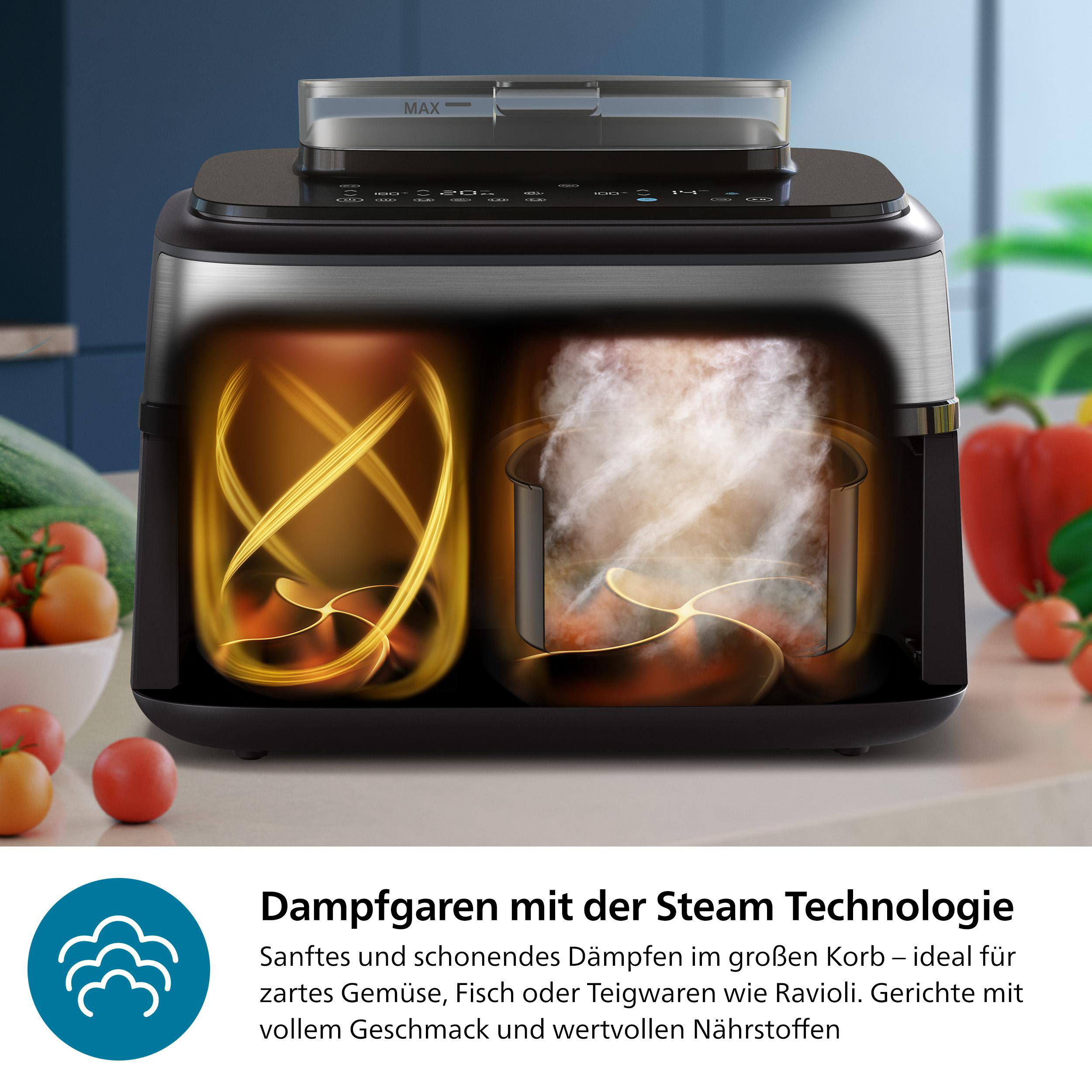 Ein Dampfgarer mit transparentem Deckel. Im Inneren sind Dampf und ein goldener Wirbel zu sehen. Tomaten und Paprika im Hintergrund.