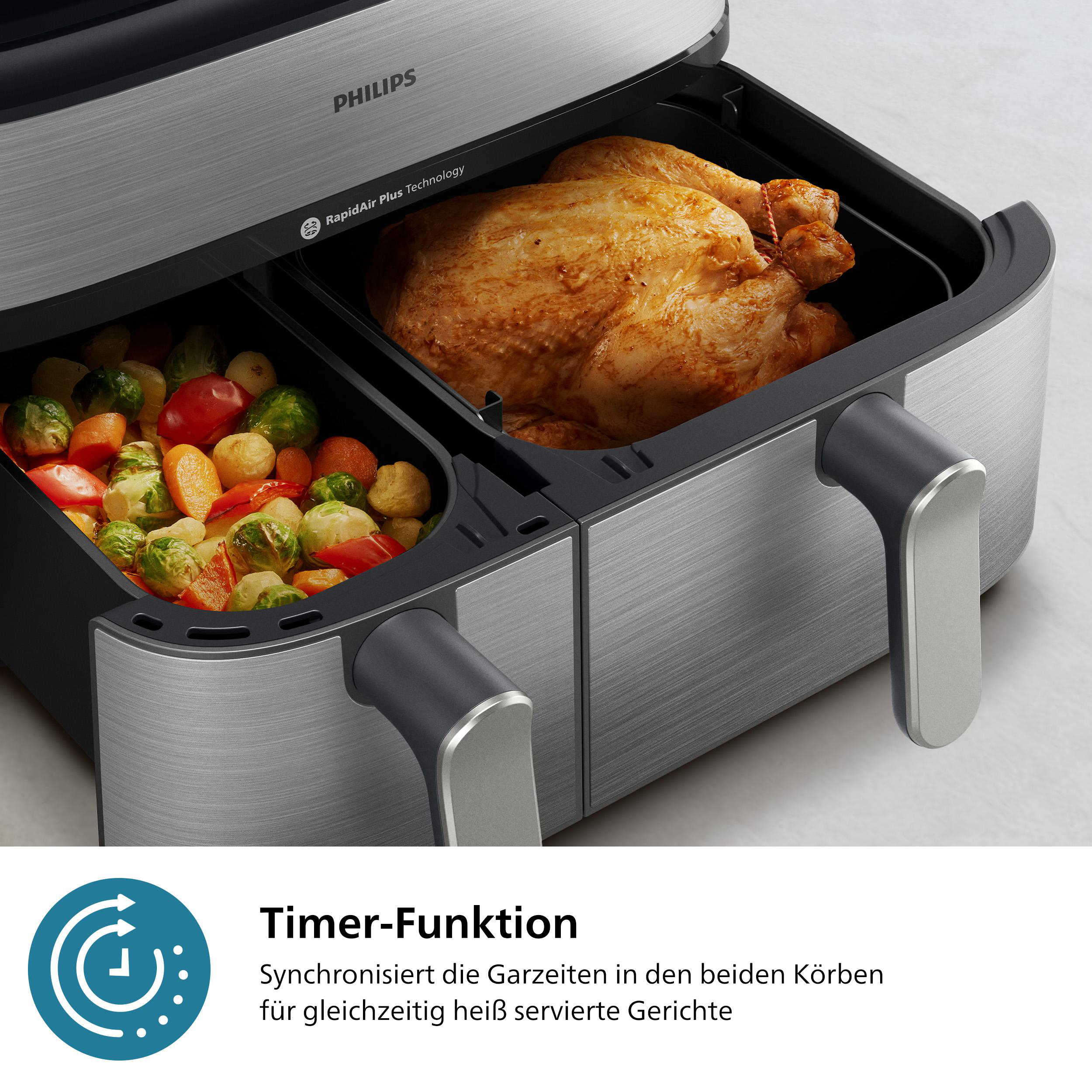 Ein Philips-Heißluftfritteuse mit Hähnchen und Gemüse in zwei Fächern.
