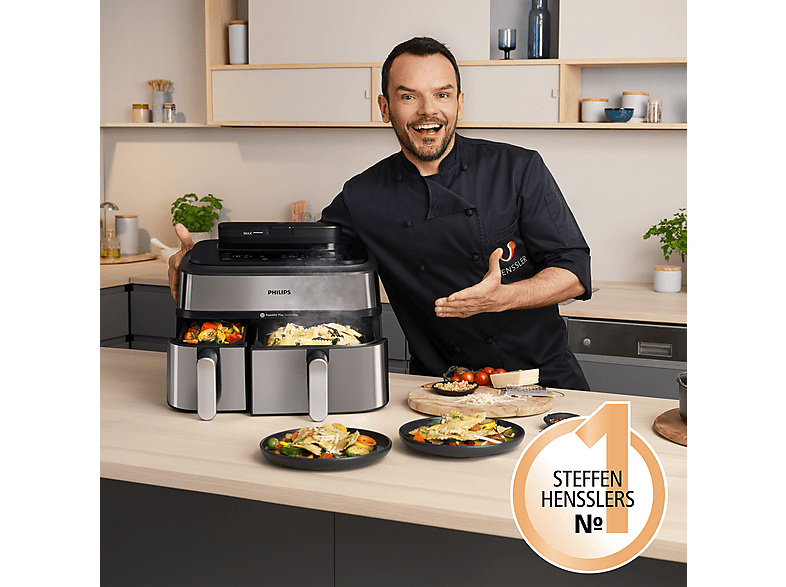 PHILIPS NA555/00 Steam Airfryer 5000 Series Dual Basket 9L Kapazität (3L+6L) Dampfgarer & Heißluftfritteuse