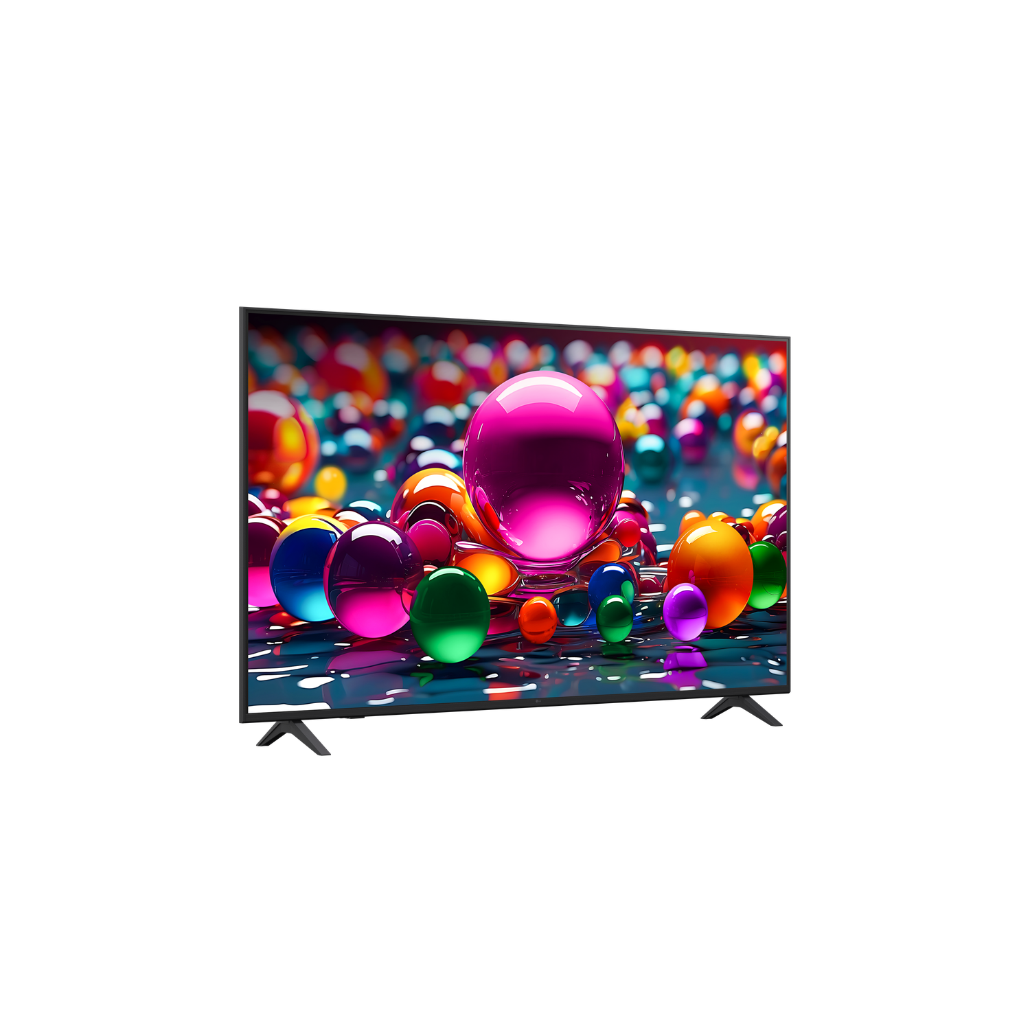 A TV displays colorful orbs in various colors. Black stand and frame, the background is a dark space.