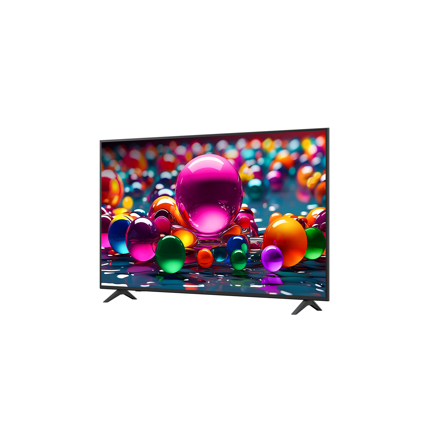 TV screen displaying colorful spheres. Pink sphere dominates foreground, surrounded by blue, green, orange, and purple spheres against a black background.
