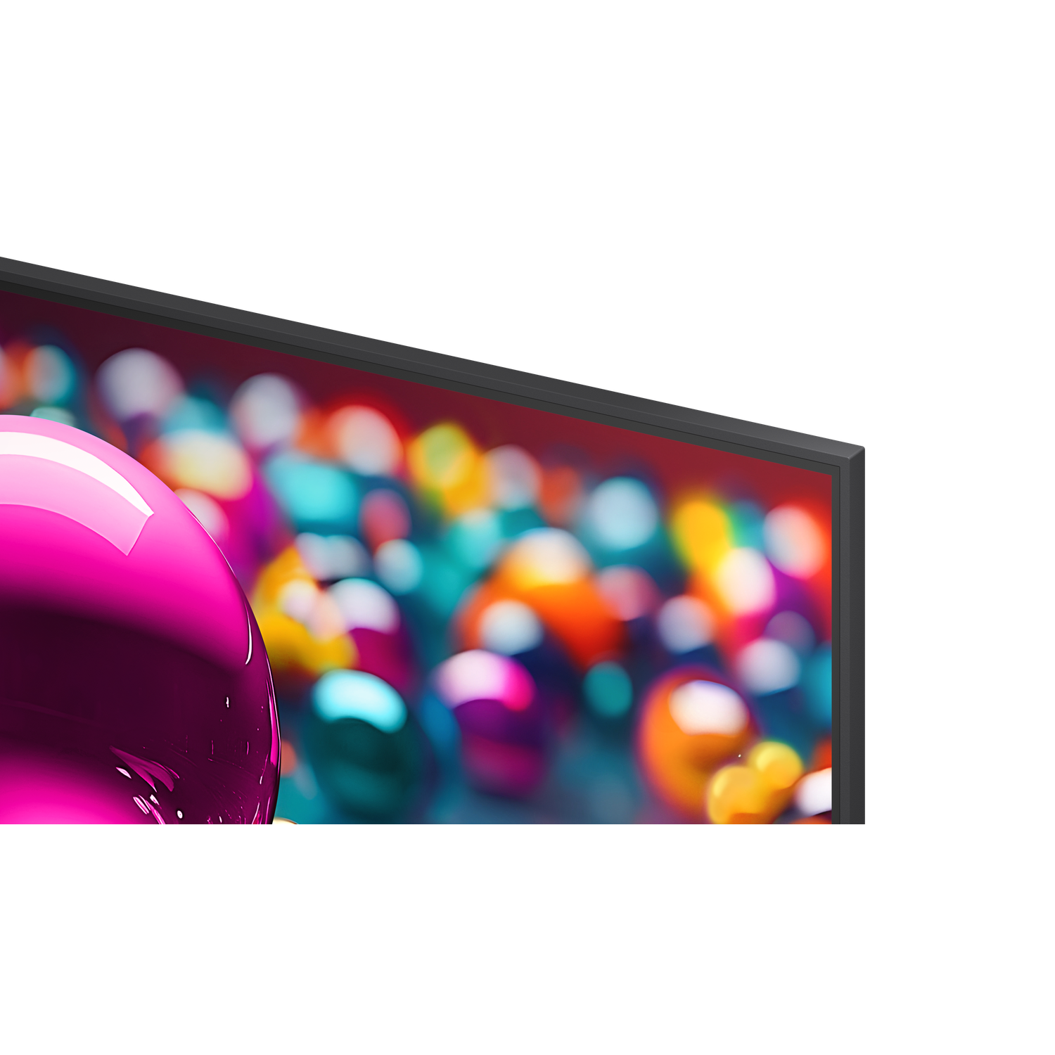 Close-up of a TV screen. A large, pink, glossy sphere is on the left. The screen shows blurred, colorful orbs.