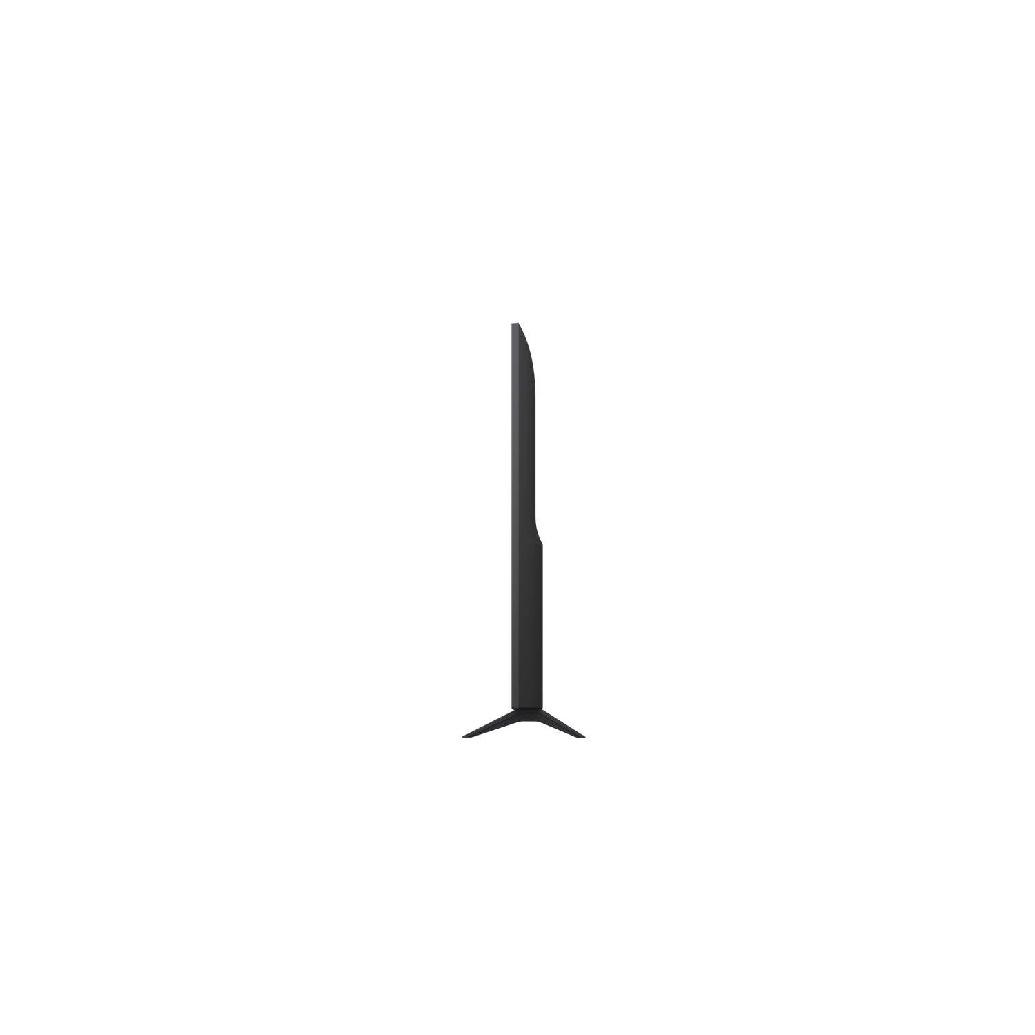 A black, slim television is shown from the side. It has a stand with two legs. The background is black.