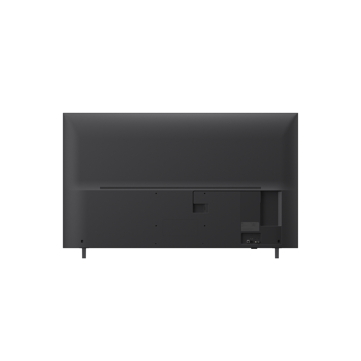 Rear view of a dark gray television. Shows ports, stand, and a black background. The TV has a thin frame and is rectangular.
