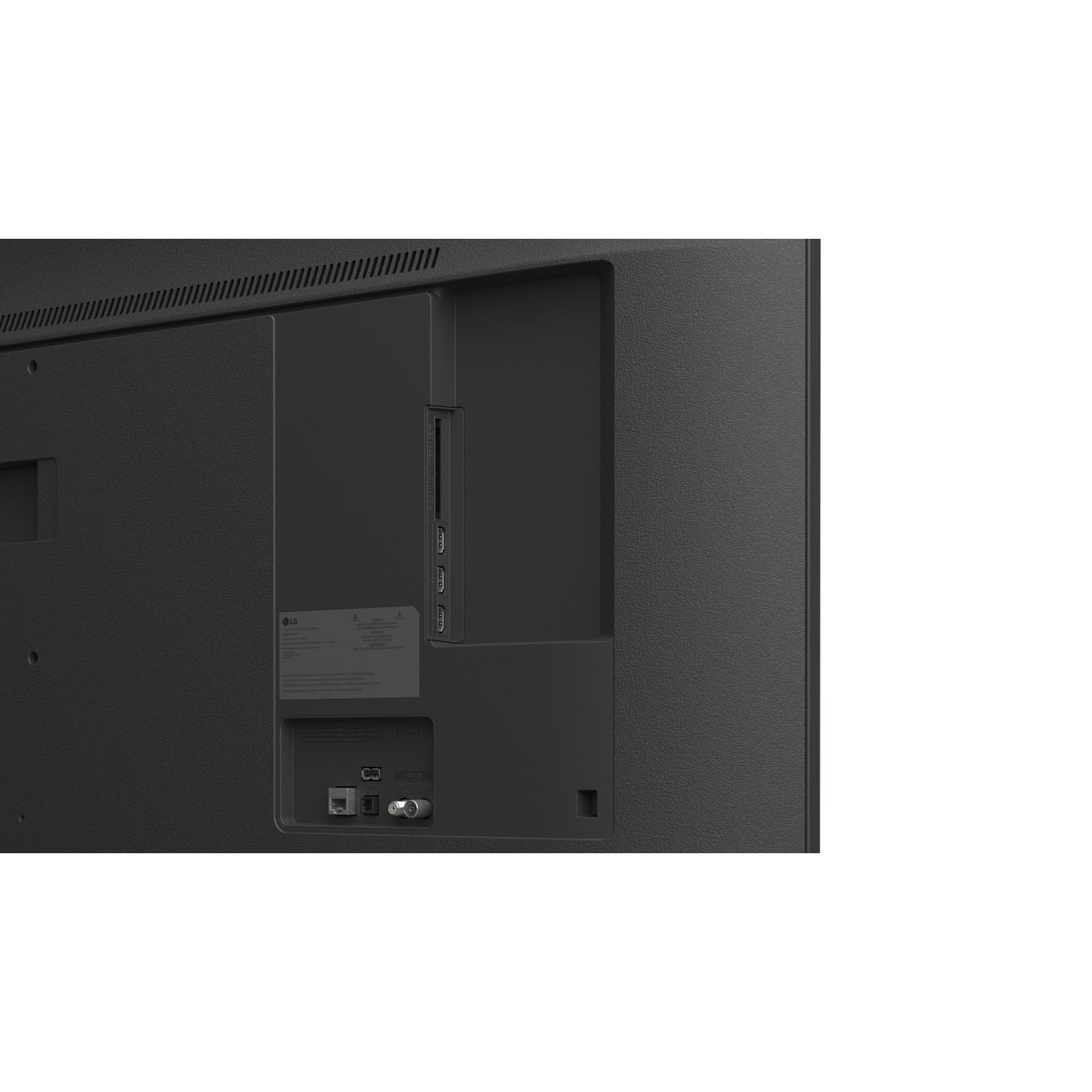 Close-up of a black TV back panel. Visible ports include HDMI, Ethernet, and others. LG logo and warning label are present.