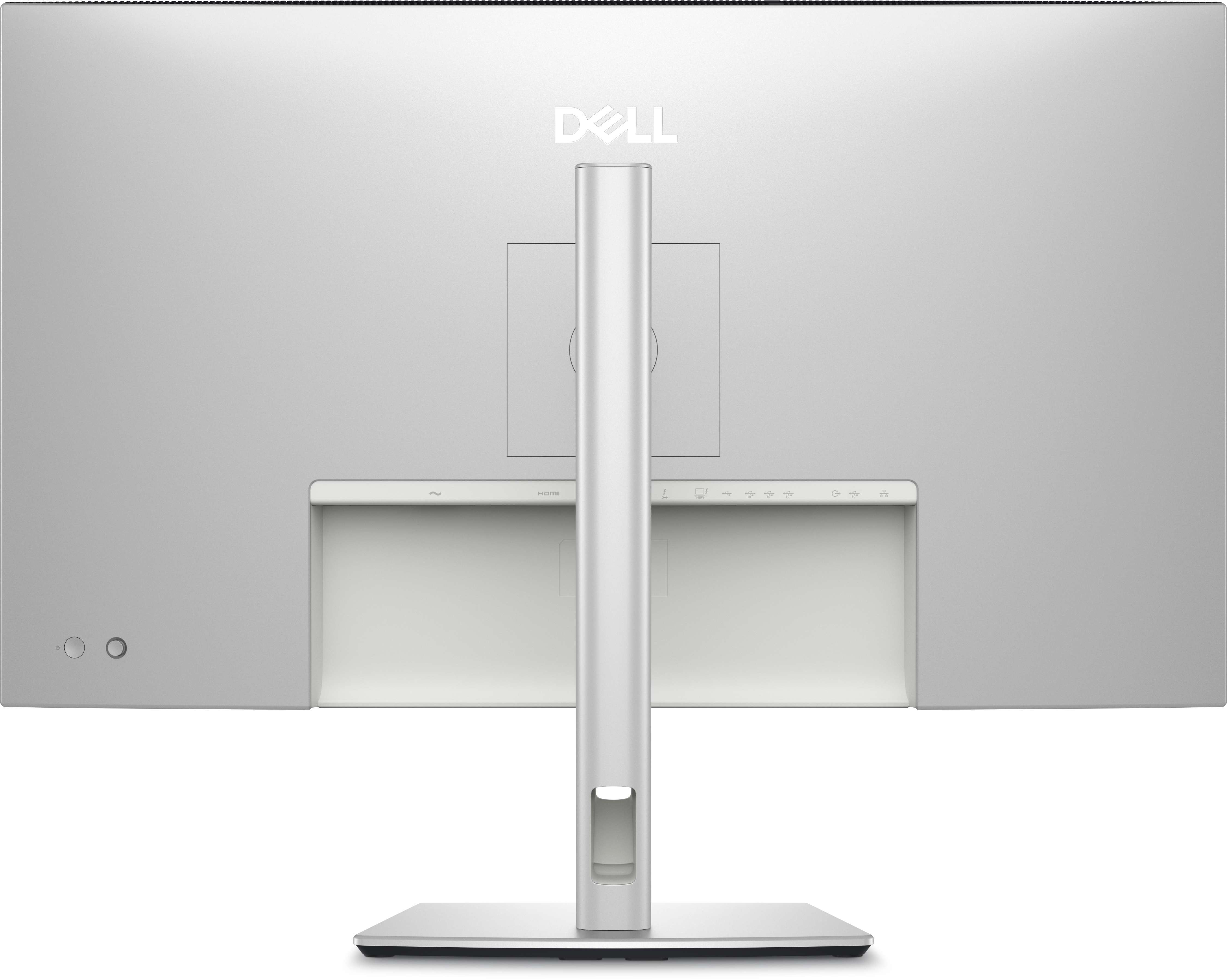 Rückansicht eines Dell-Monitors. Merkmale: silberner Ständer und Rückseite mit Dell-Logo.