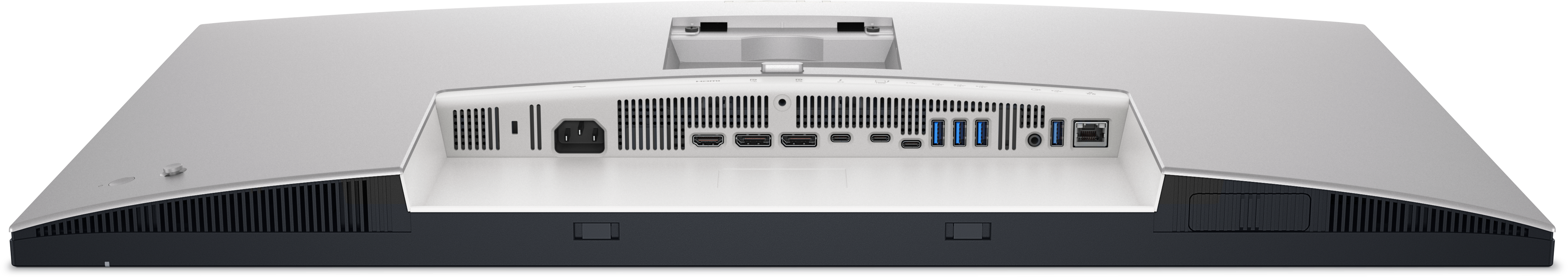 Rückansicht eines silbernen Computermonitors. Er hat verschiedene Anschlüsse und Lüftungsschlitze. Der Ständer ist weiß und hat einen schwarzen Sockel.