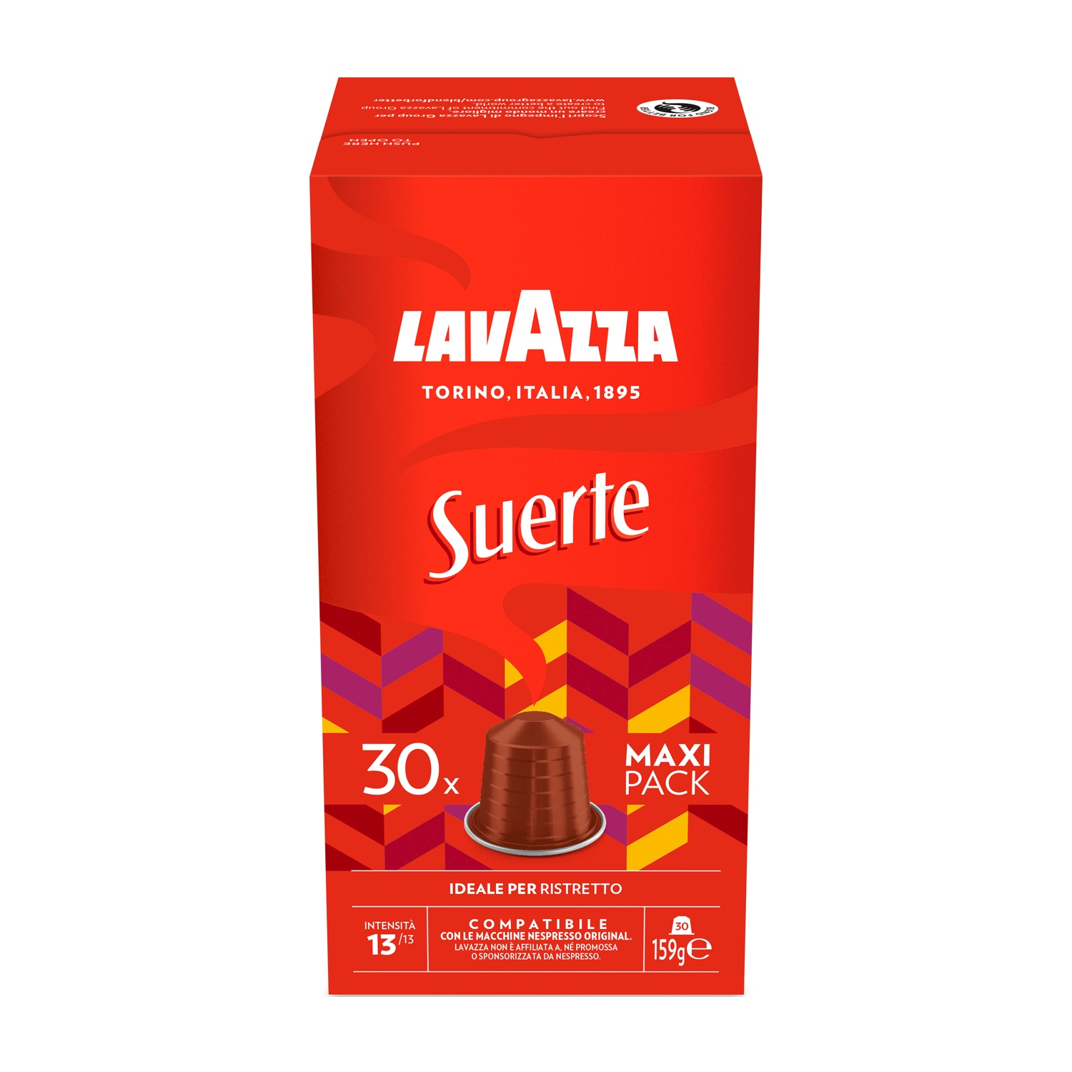 Una scatola rossa di capsule di caffè Lavazza. Ha il logo Lavazza, la scritta 'Suerte' e indica il numero di capsule all'interno.