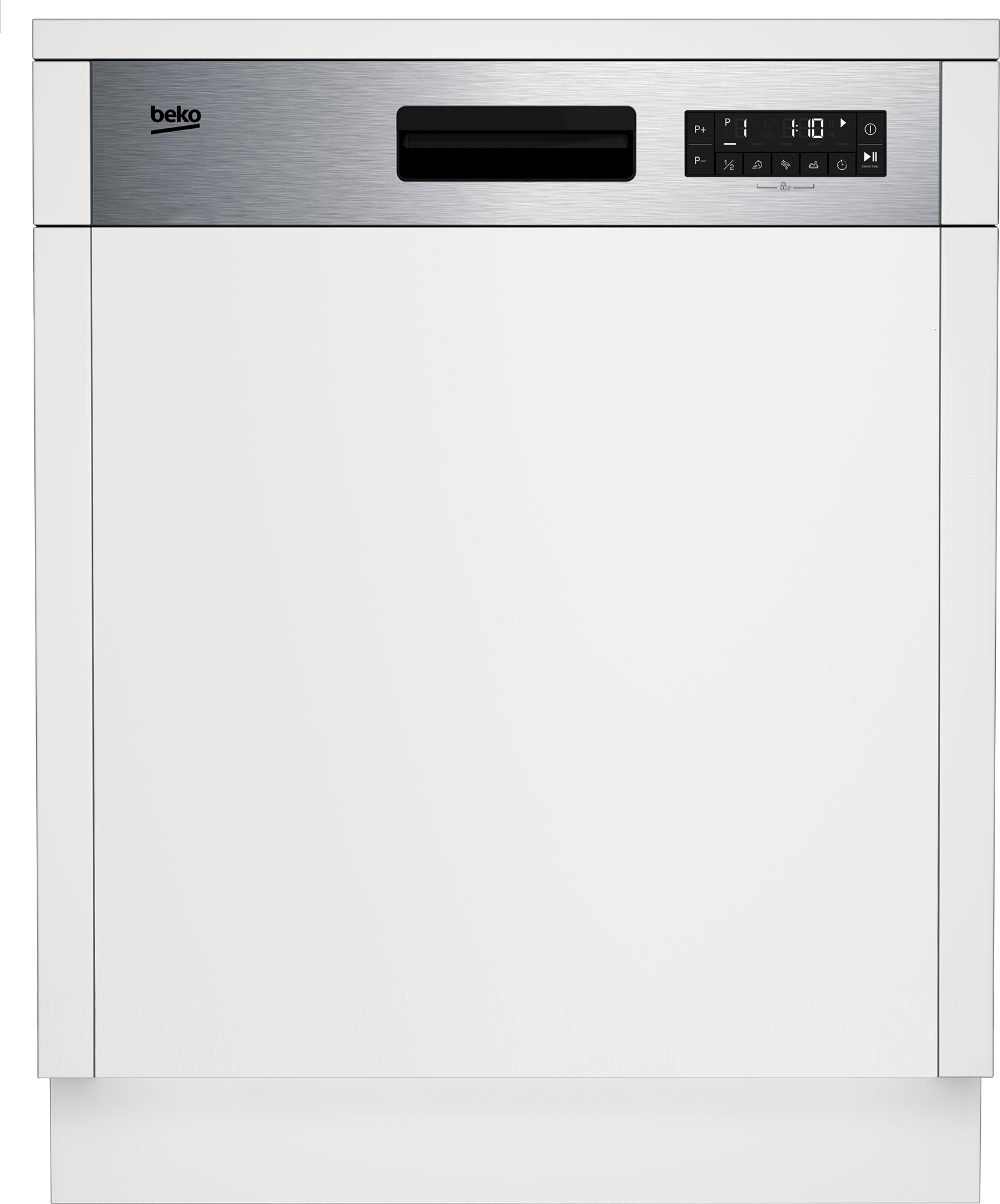 Ein weißer Beko-Geschirrspüler mit Edelstahl-Bedienfeld, das verschiedene Einstellungen und einen digitalen Timer anzeigt.