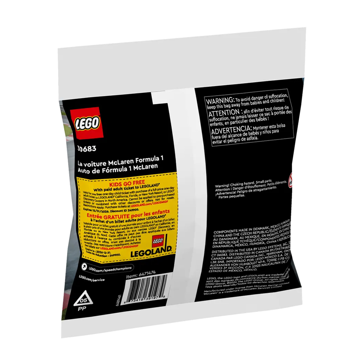 Una confezione LEGO con testo e l'immagine di una McLaren Formula 1. Contiene avvertenze e dettagli sulla promozione Kids Go Free.