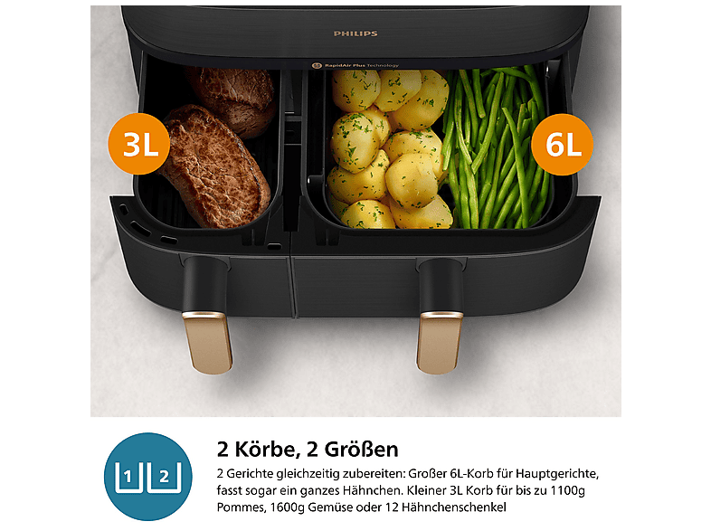 Thumbnail - PHILIPS NA552/00 Steam Airfryer 5000 Series Dual Basket 9L Kapazität (3L+6L) Dampfgarer & Heißluftfritteuse