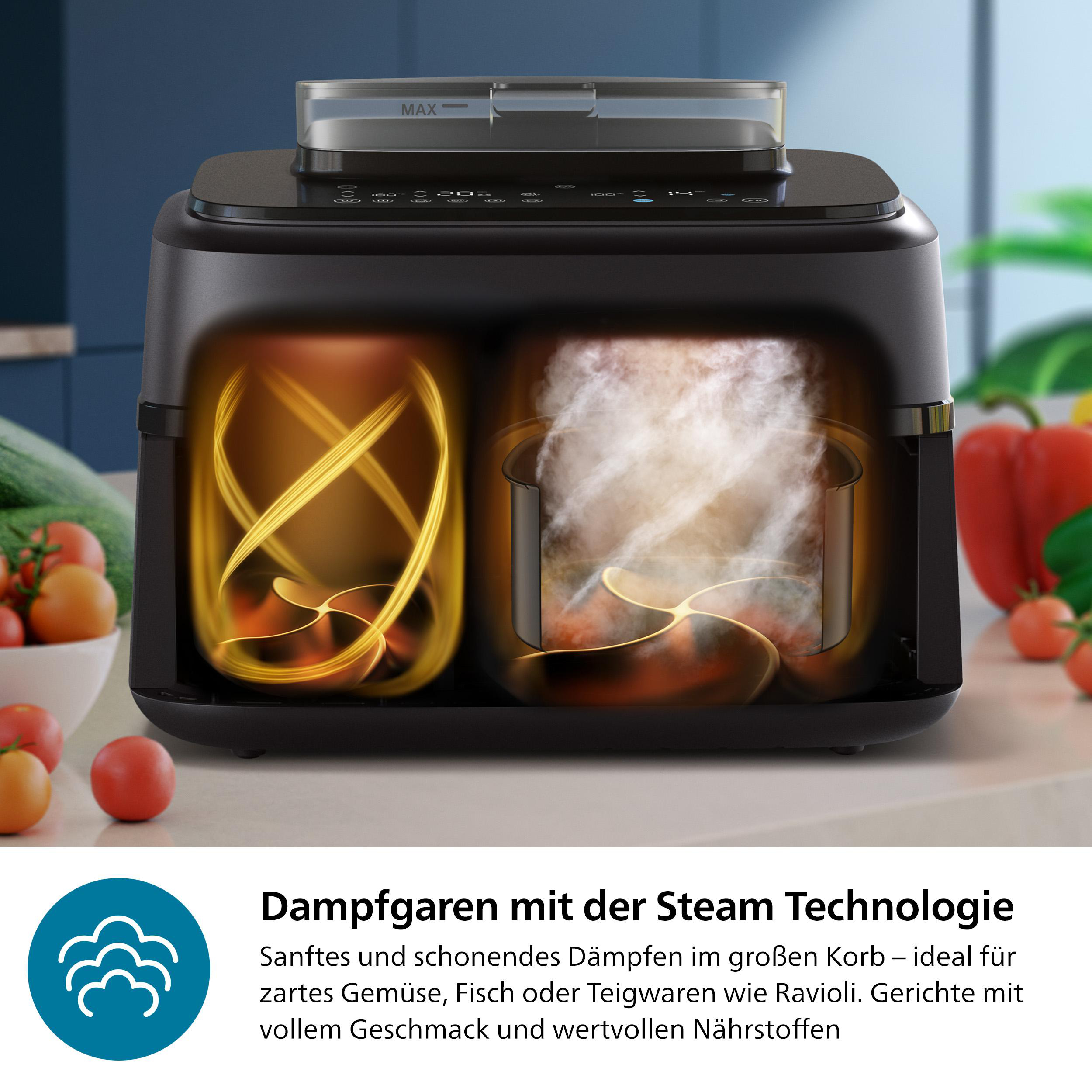 Ein schwarzer Dampfgarer mit zwei Kammern. Gemüse ist im Hintergrund. Dampf ist im Inneren des Kochers sichtbar.