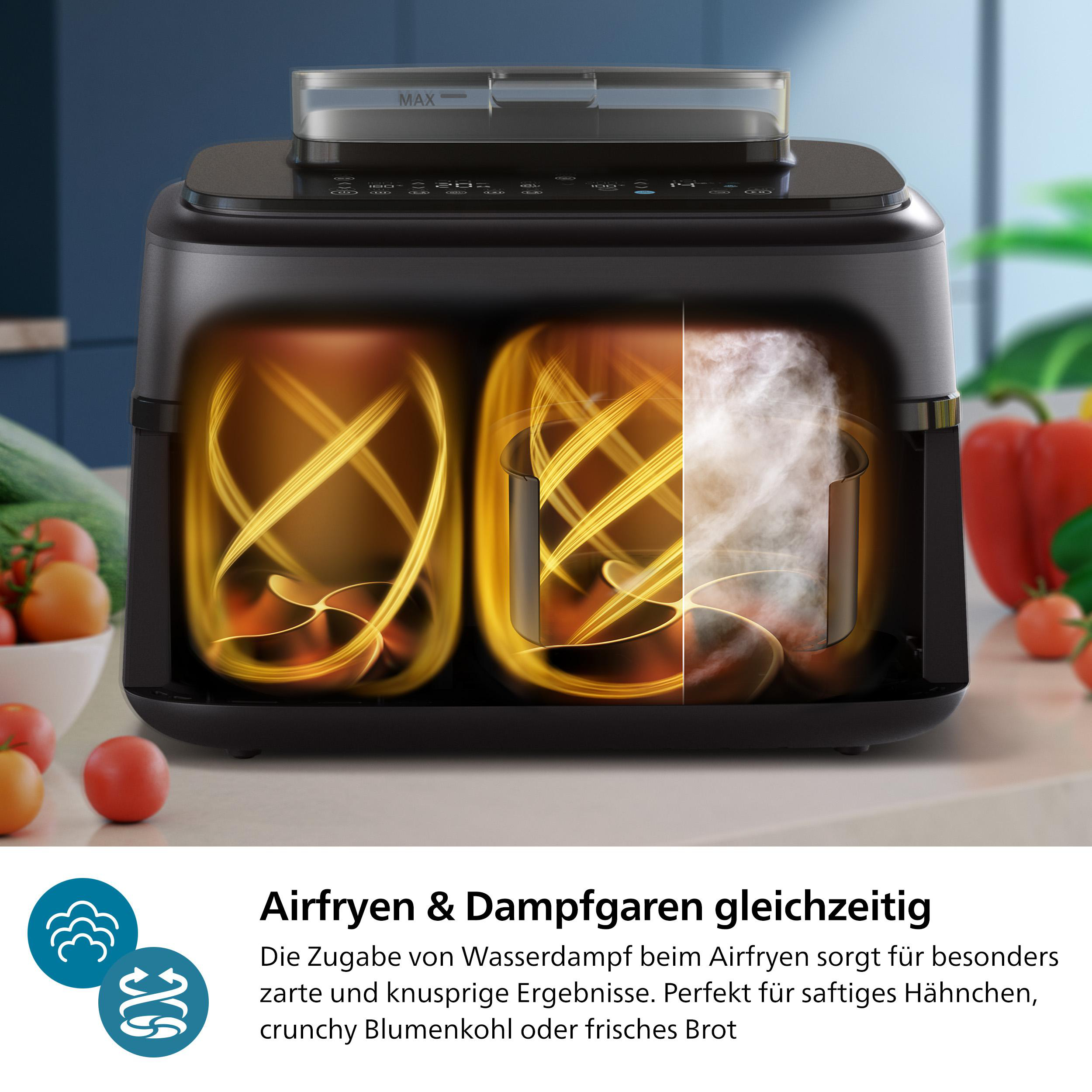 Ein schwarzer Airfryer mit zwei Fächern, Dampf sichtbar. Tomaten und Paprika sind im Hintergrund, und der Text lautet Airfry & Dampf.