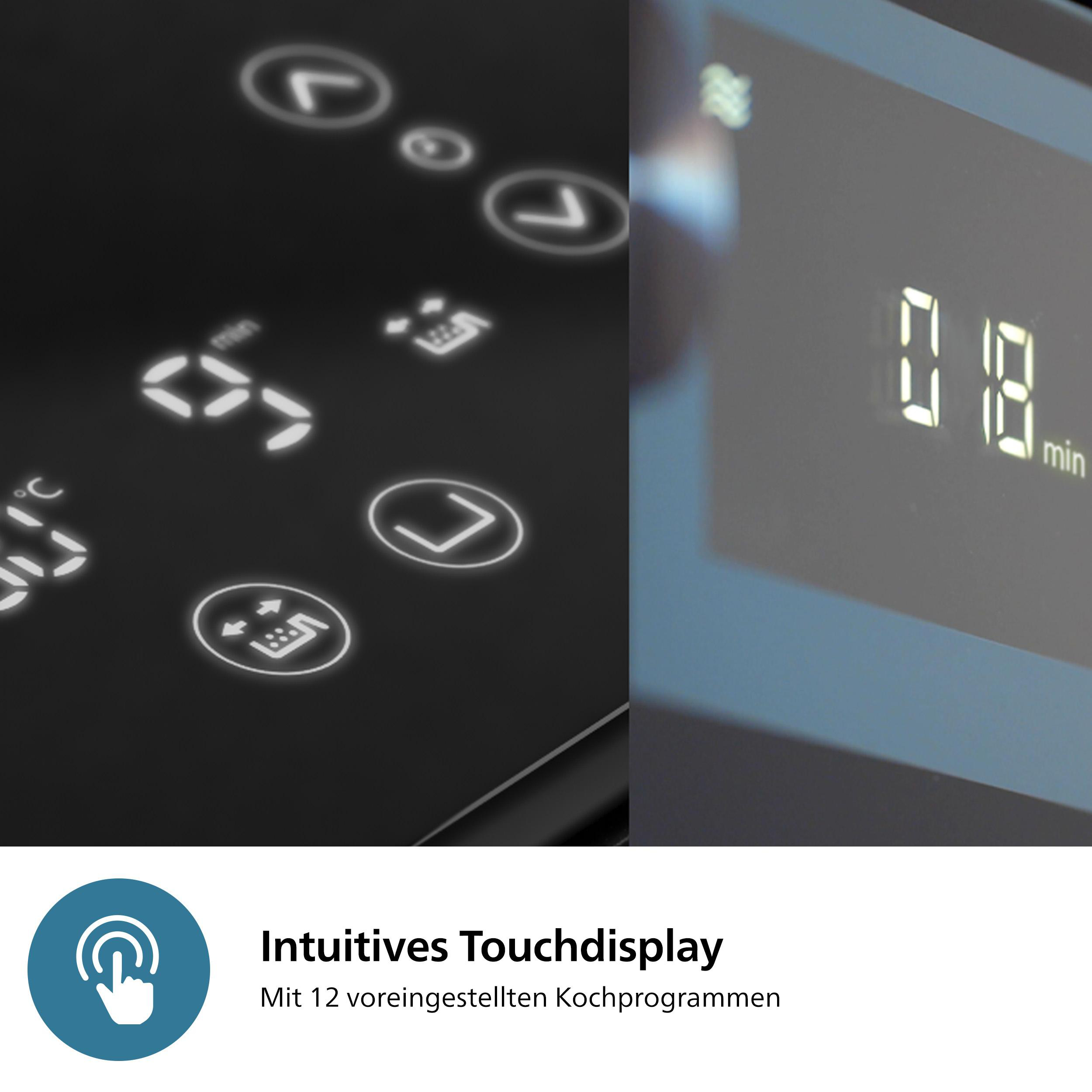 Schwarzes Touch-Display mit weißen, beleuchteten Symbolen und Zahlen. Zeigt die Zeit 08:18 an. Text darunter: "Intuitives Touchdisplay".