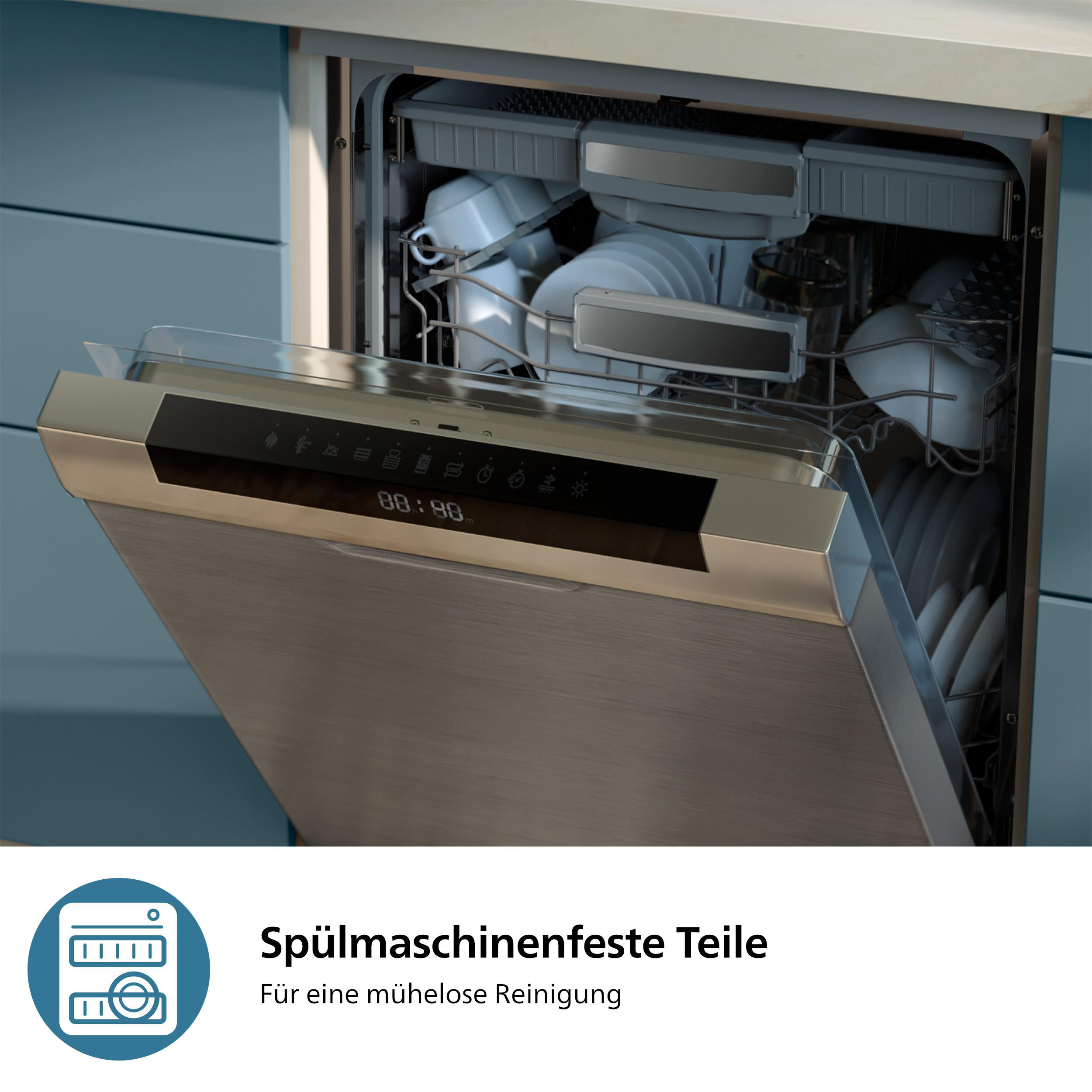 Ein Geschirrspüler aus Edelstahl mit geöffneter Tür, gefüllt mit Geschirr. Die Frontblende zeigt einen Digitaltimer.