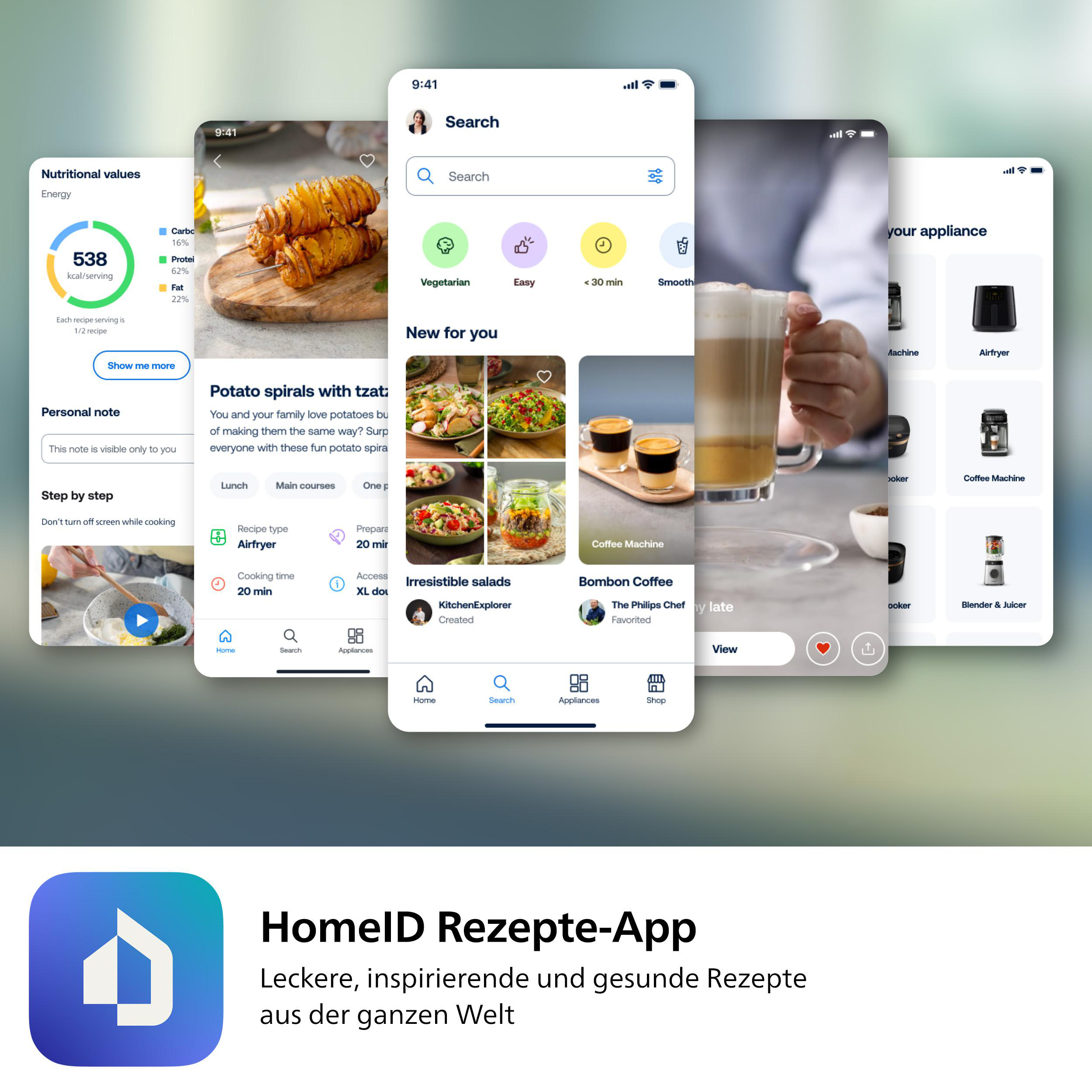 App-Bildschirm mit Rezepten, Nährwertangaben und Suchoptionen. Gerichte umfassen Kartoffelspiralen, Salate und Kaffee.