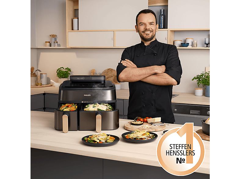 Thumbnail - PHILIPS NA552/00 Steam Airfryer 5000 Series Dual Basket 9L Kapazität (3L+6L) Dampfgarer & Heißluftfritteuse