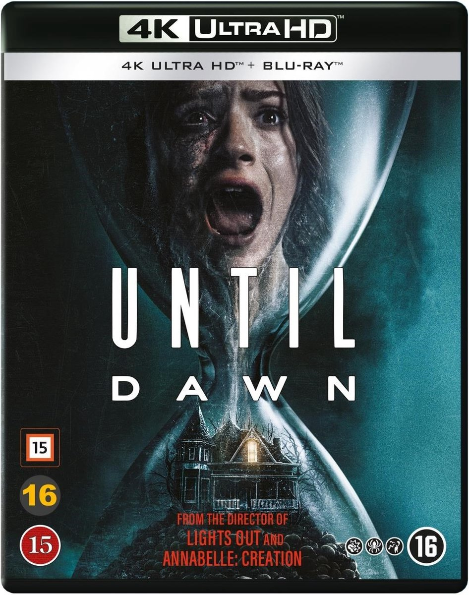 Filmposter van "Until Dawn". Een vrouw schreeuwt in een zandloper, boven de titel. Een huis onderaan met de naam van de regisseur.