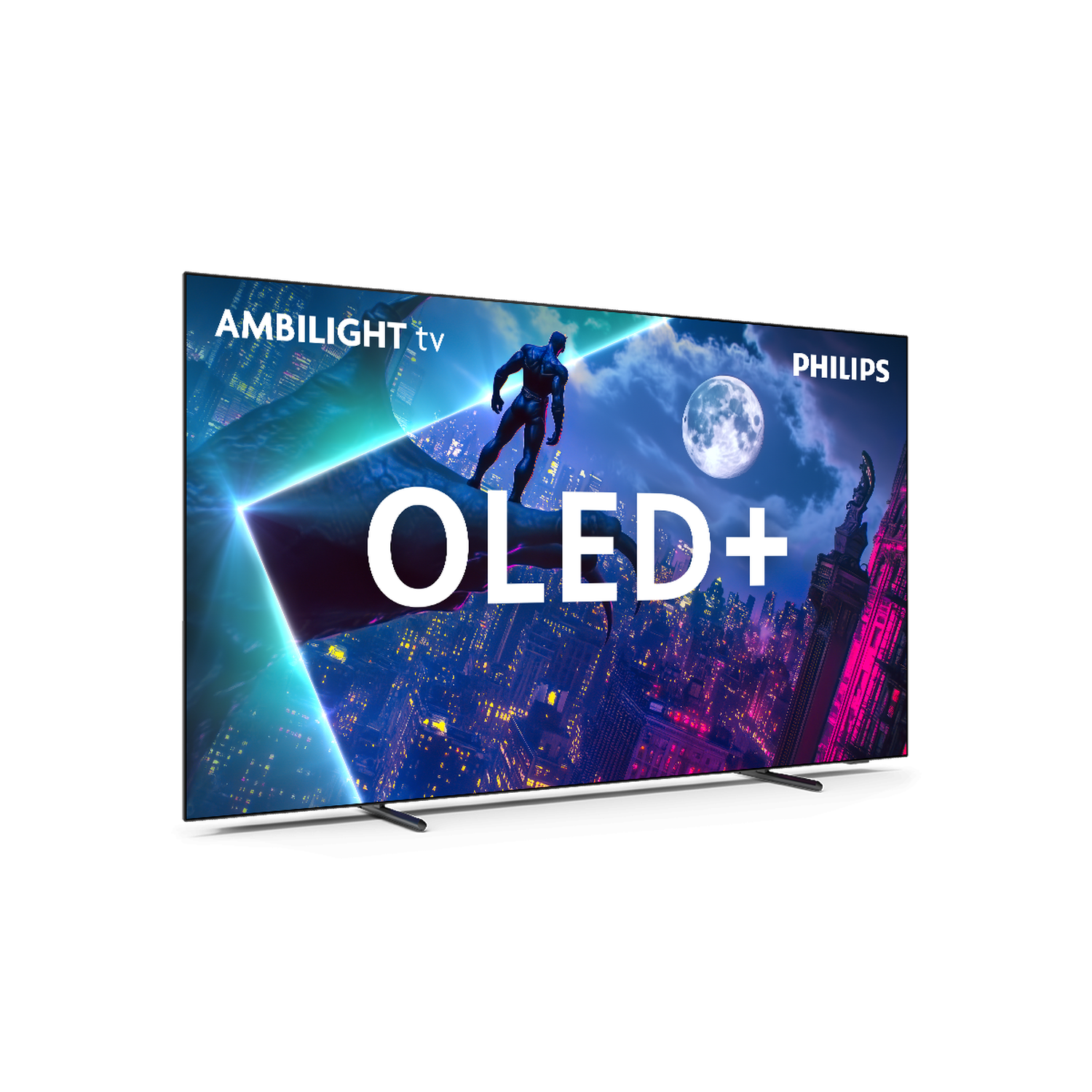 A Philips OLED+ TV displays a superhero silhouette against a cityscape with a full moon, and the words 'OLED+'.