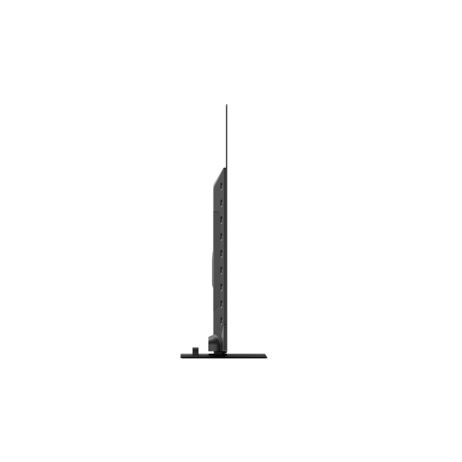 A black TV stands upright from a side profile against a black background. It has a stand and is thin.