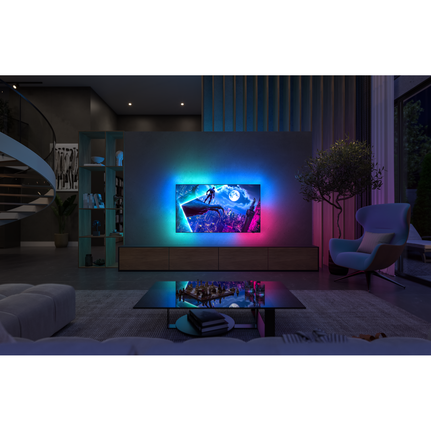 Living room with TV showing a city scene. A blue armchair, a coffee table, and a spiral staircase are visible.