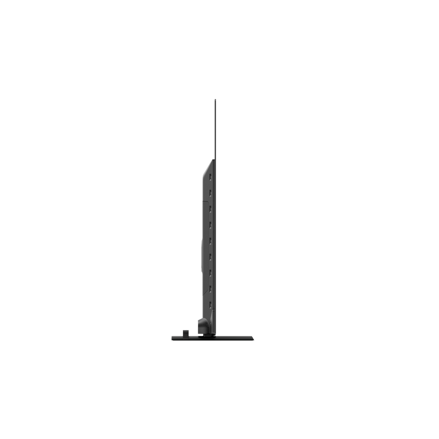 Side view of a thin, black television. It is standing upright on a small base against a black background.