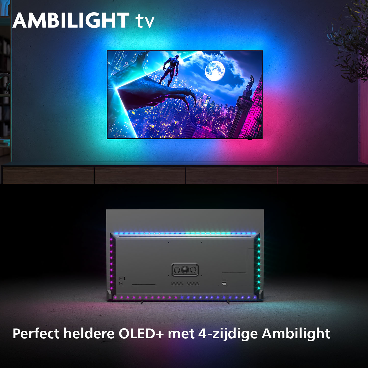 A TV with Ambilight displays a city scene with a superhero. The back of the TV shows lights. Text at the bottom says 'Perfect heldere OLED+'