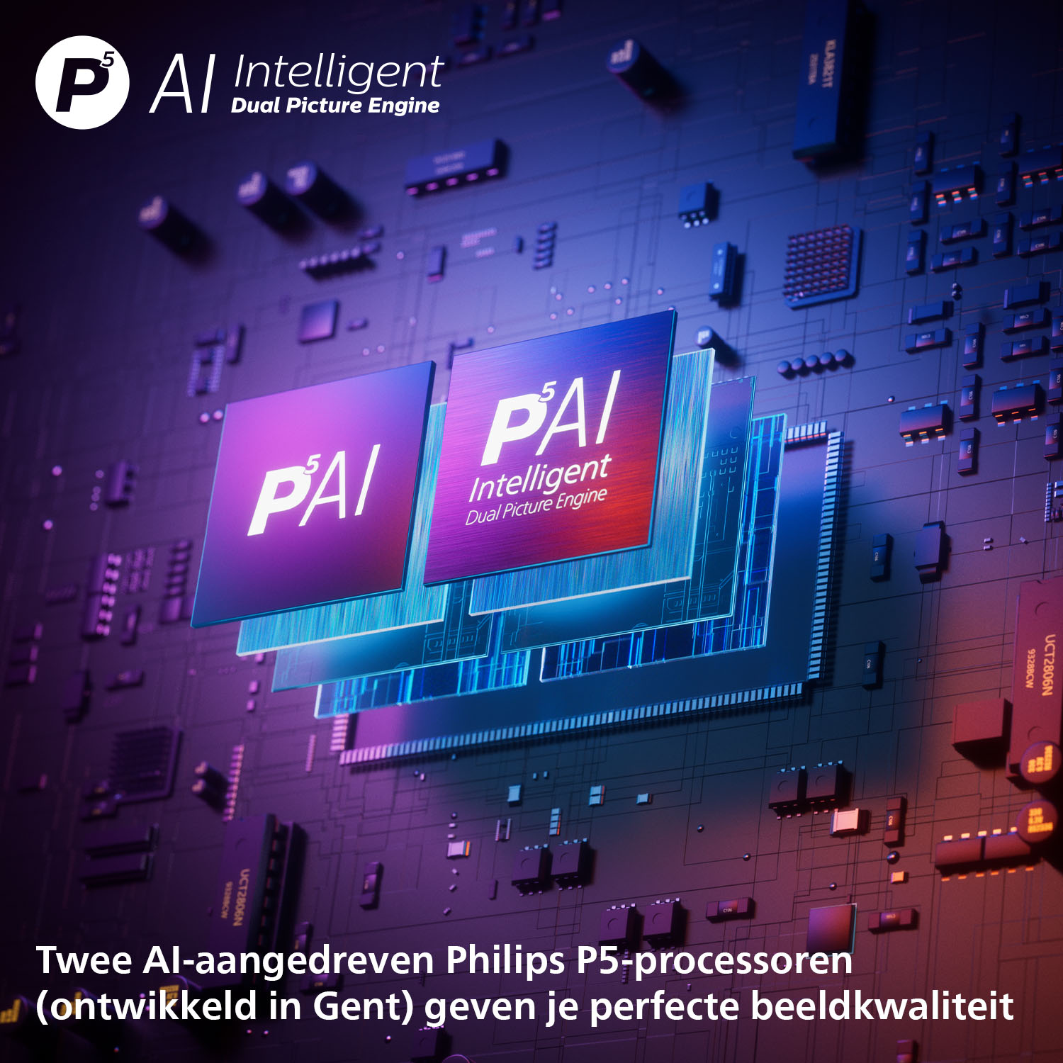 Image of two AI-powered Philips P5 processors. Text reads 'Intelligent Dual Picture Engine'. Purple and blue circuit board.