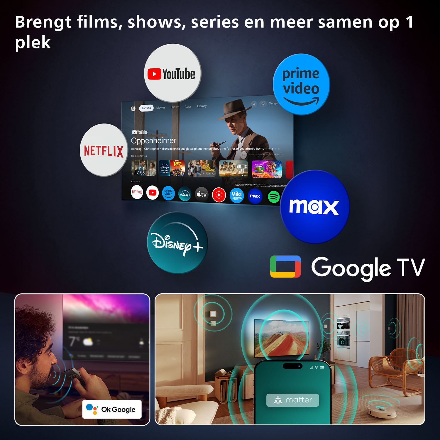 A promotional image with logos for Netflix, YouTube, Prime Video, Disney+, Max, and Google TV. A man uses a remote.