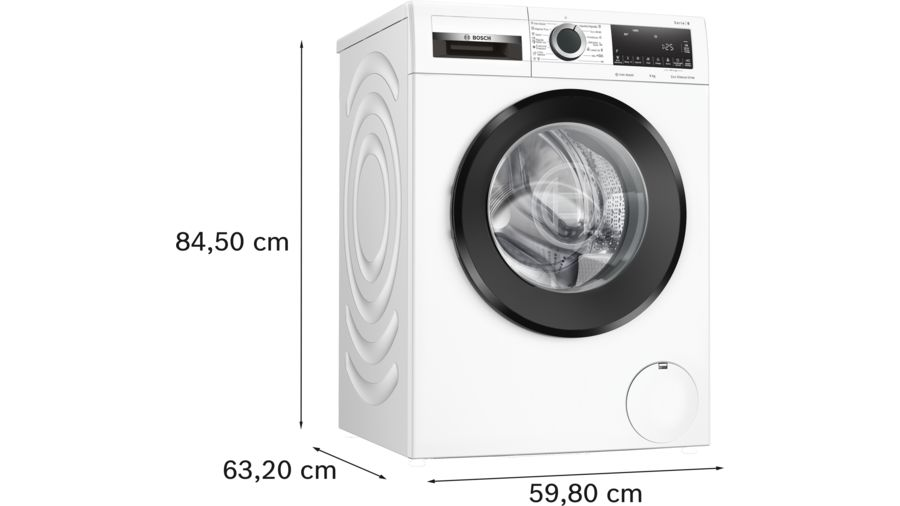 Una lavadora Bosch blanca. Tiene un marco de puerta negro y un panel de control. Dimensiones: 84,50x59,80x63,20 cm.