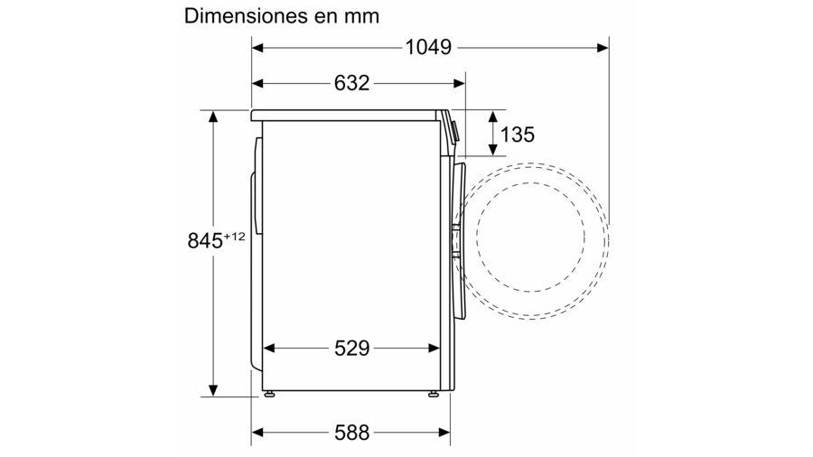 Diagrama con las dimensiones de una lavadora. Medidas en milímetros indican altura, ancho y profundidad con flechas.