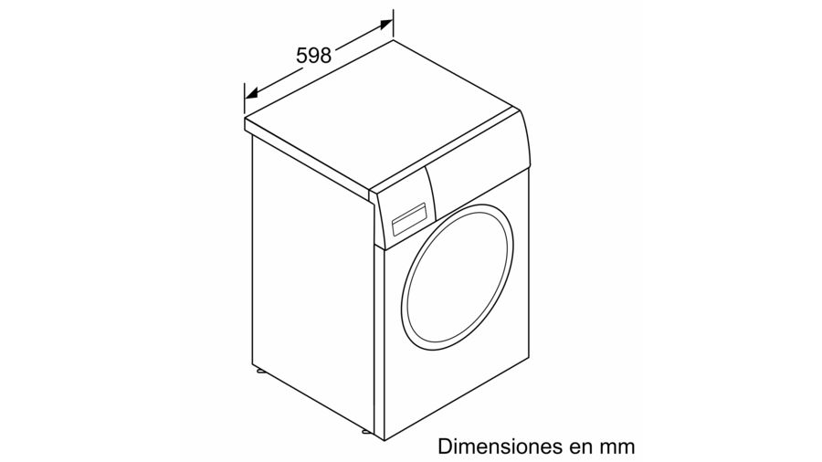 Vista isométrica de una lavadora con dimensiones 598 mm. La puerta es redonda. El texto de abajo dice 'Dimensiones en mm'.