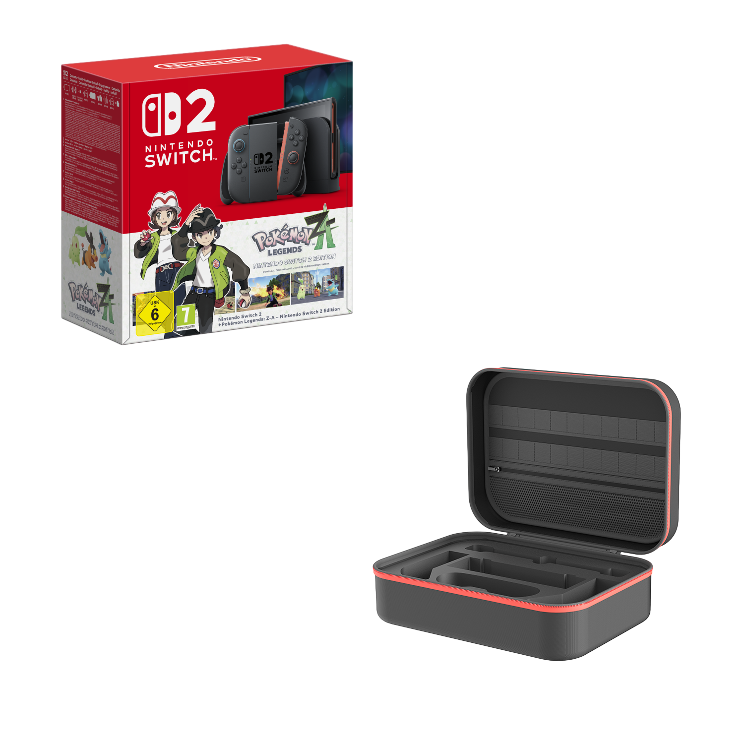 Une boîte Nintendo Switch et une mallette de transport. La boîte est rouge, montrant une console et des personnages. La mallette est grise et ouverte.