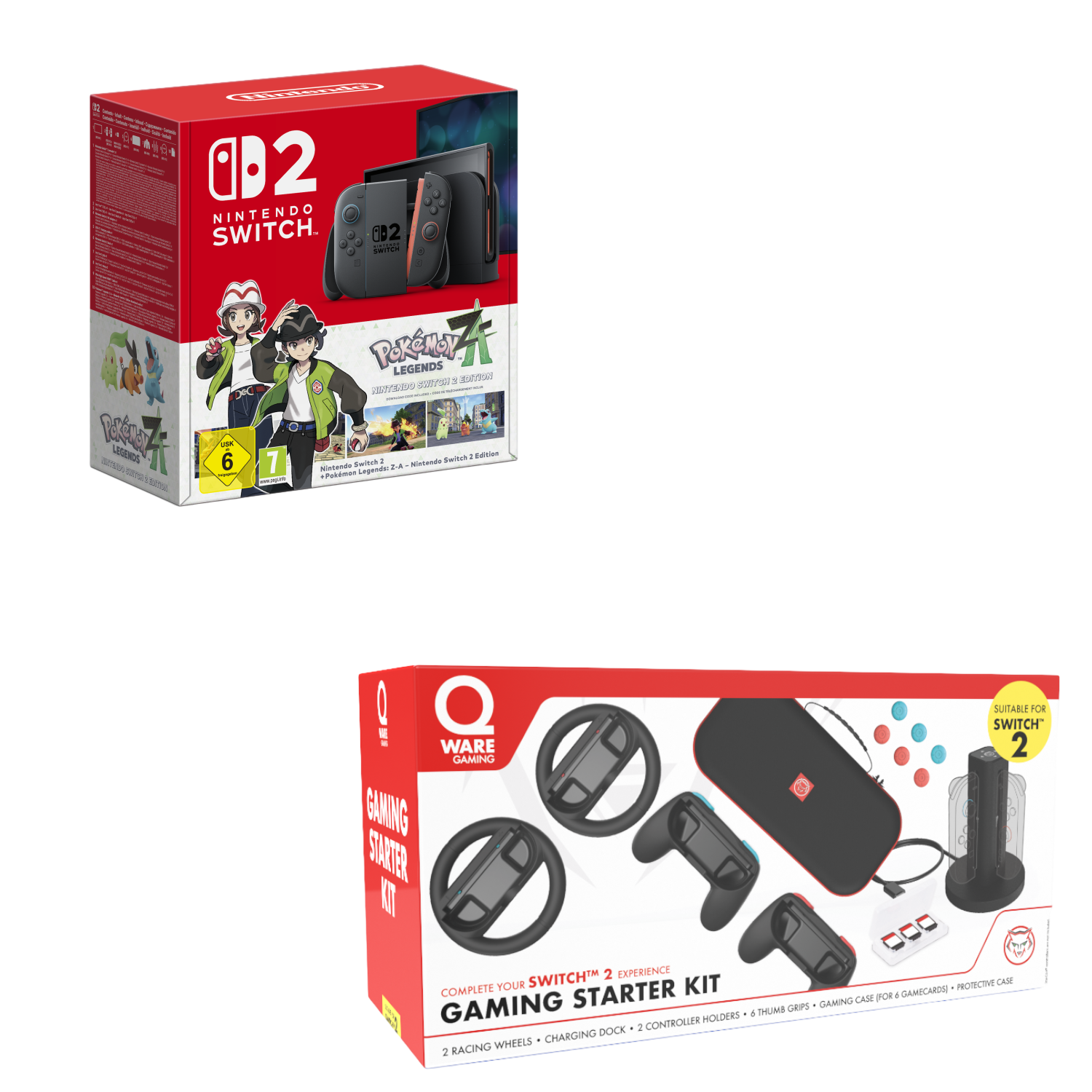Deux boîtes de jeux Nintendo Switch et un kit de démarrage de jeu sont affichés. Une boîte présente des personnages Pokémon. Le kit a des volants et des accessoires.
