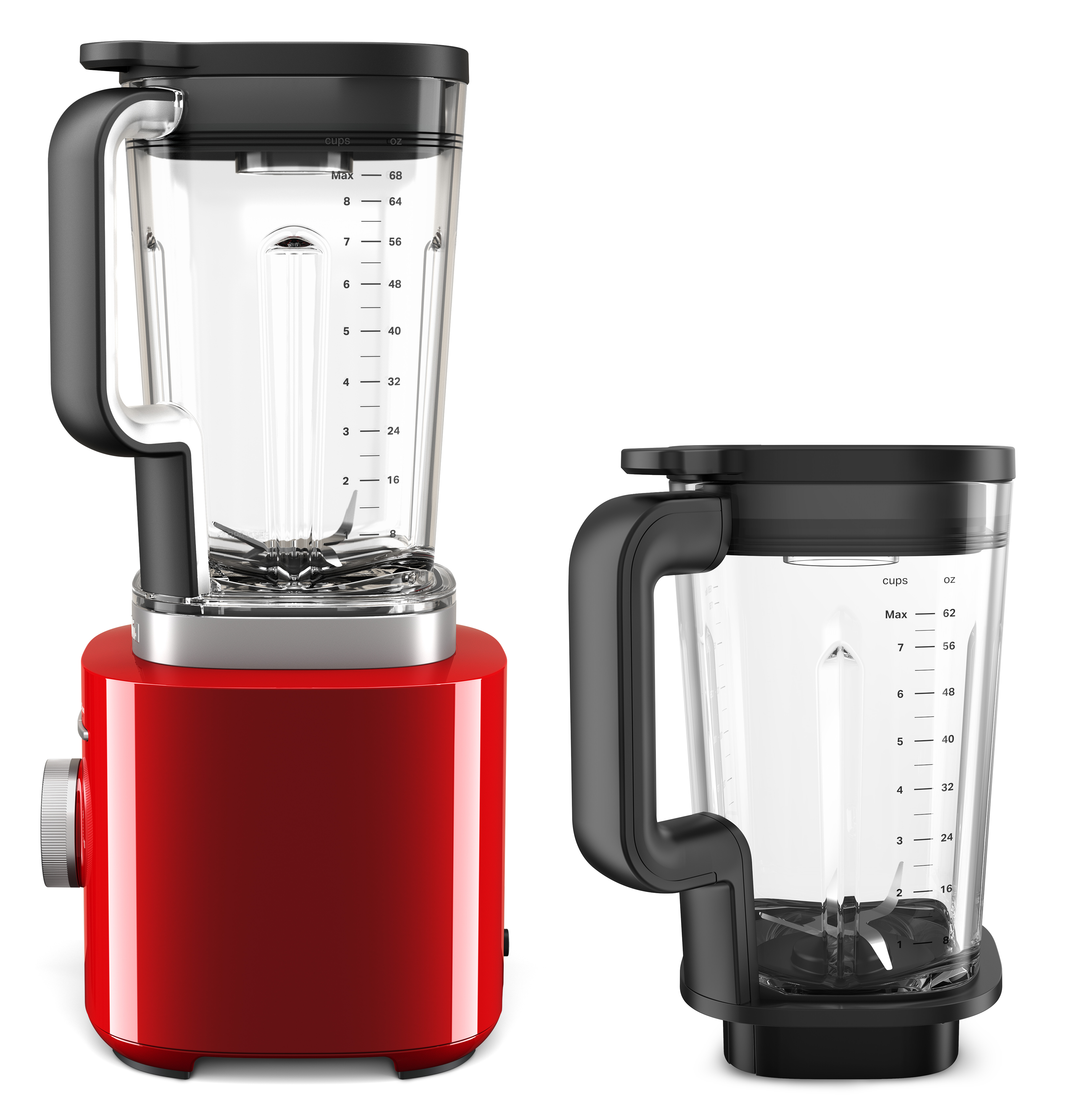 Zwei Mixer. Einer rot mit schwarzem Deckel, der andere ganz schwarz. Beide haben transparente Behälter.