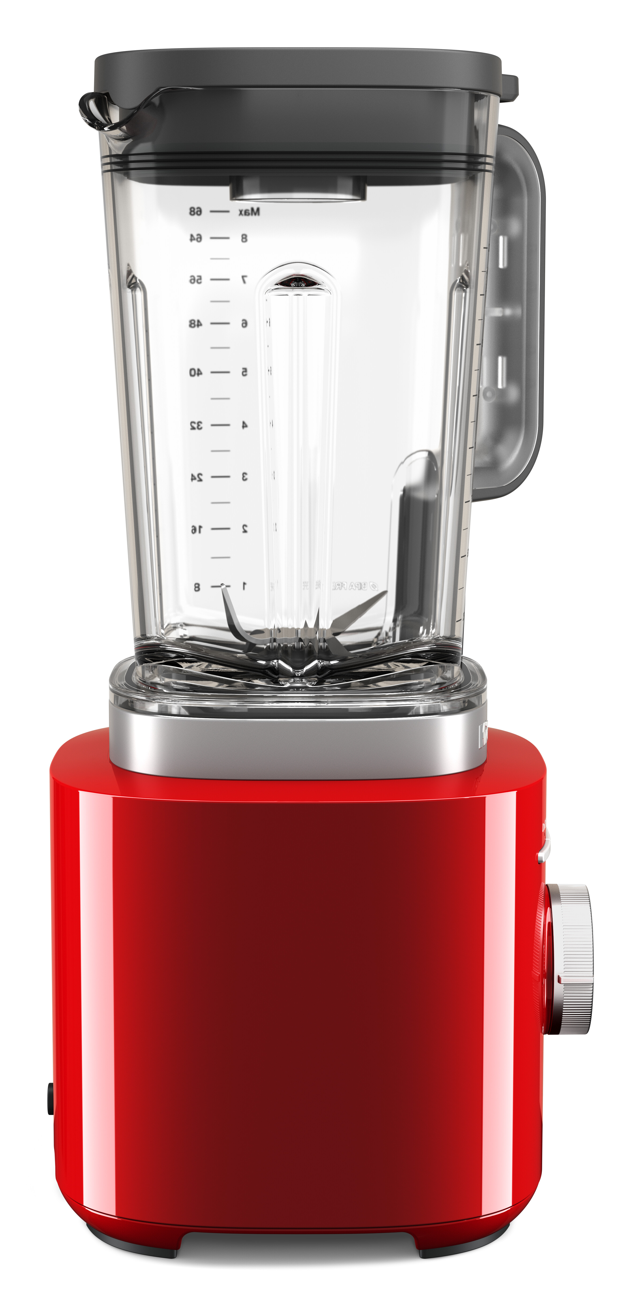 Ein roter Mixer mit einem transparenten Behälter und schwarzem Deckel. Der Sockel ist rot, und er hat einen silbernen Knopf.