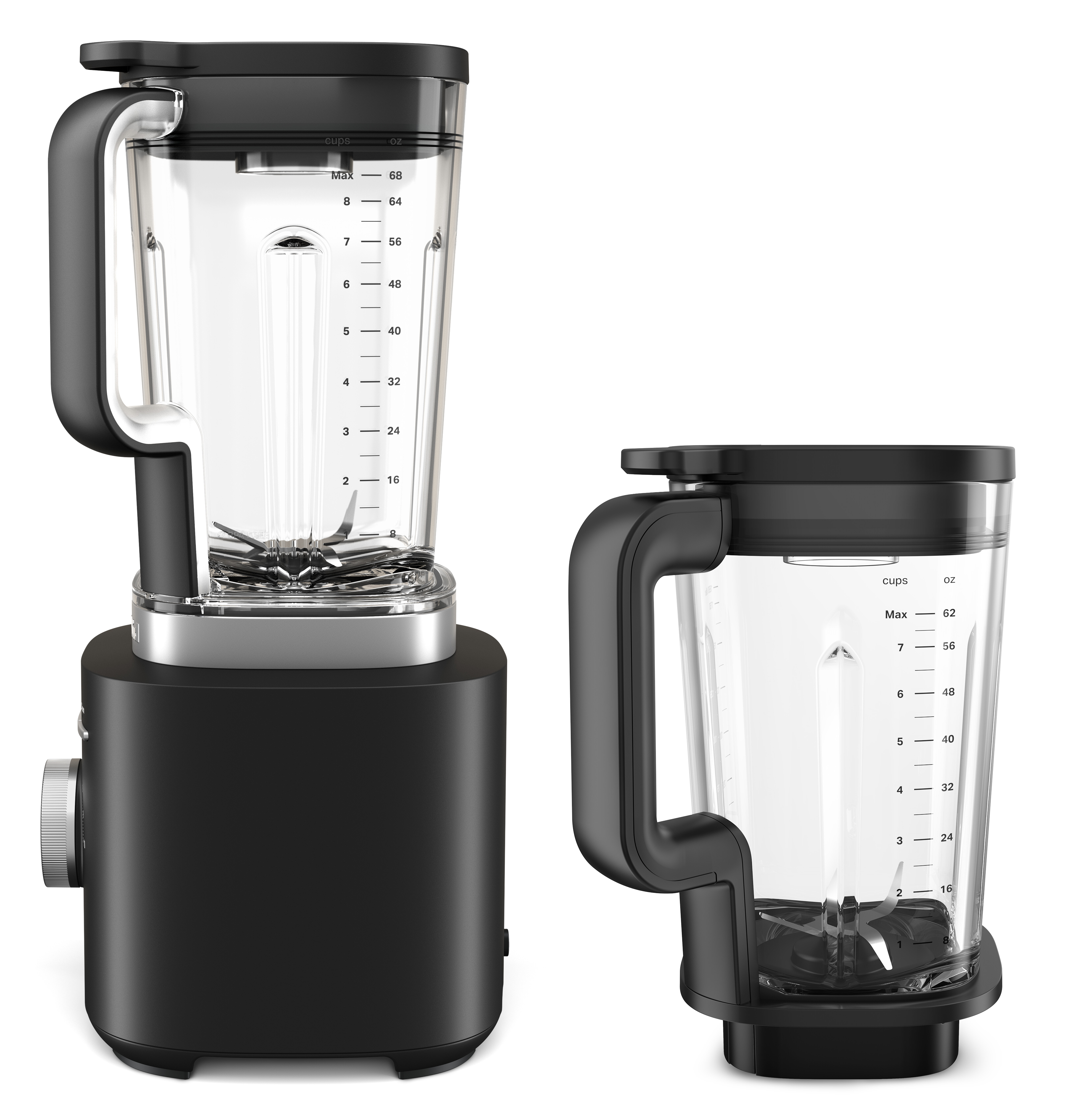 Zwei schwarze Mixer auf weißem Hintergrund. Einer ist ganz, der andere die obere Hälfte. Beide haben transparente Behälter.