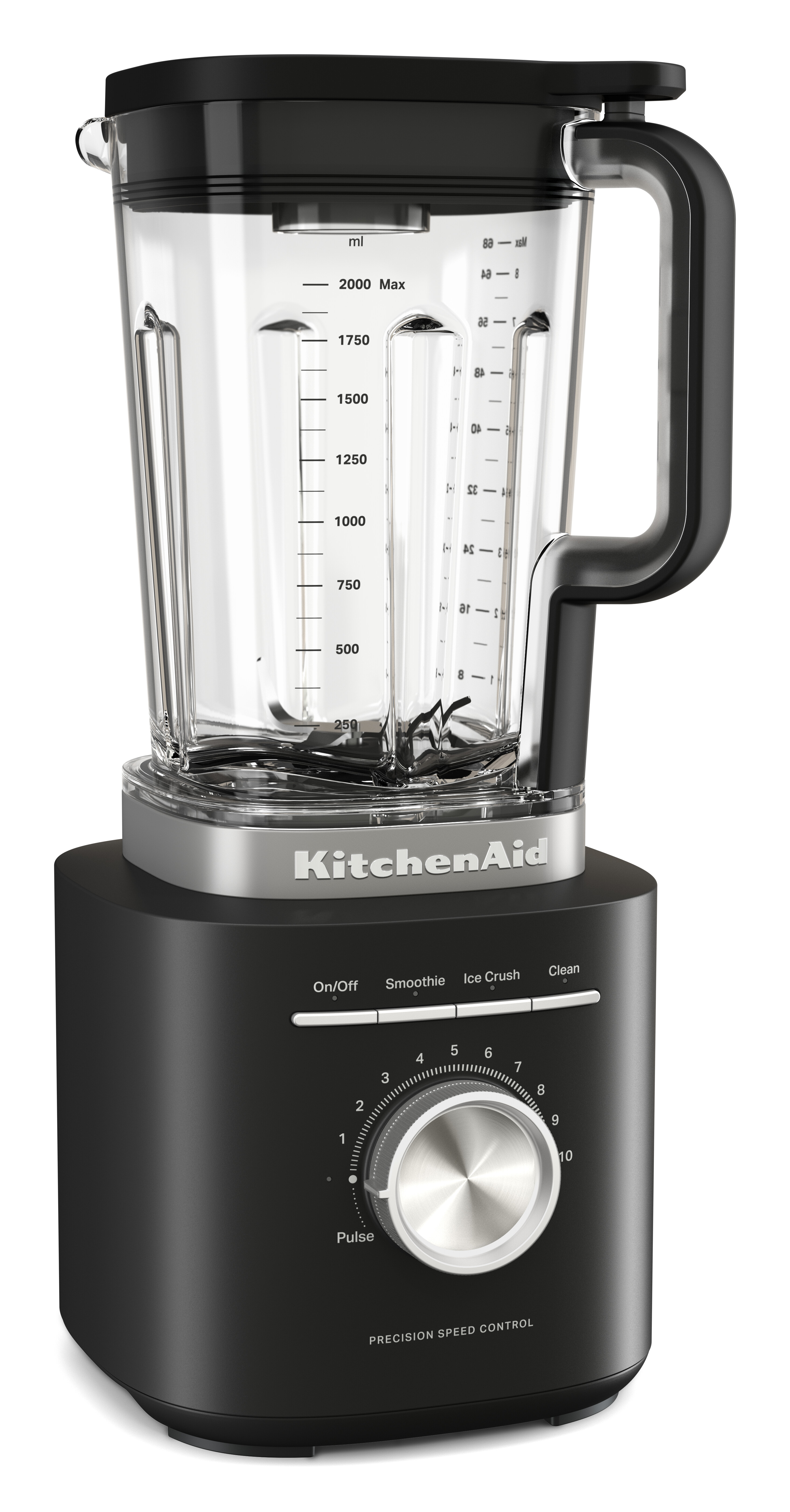 Schwarzer KitchenAid-Blender mit Glasbehälter. Merkmale sind Geschwindigkeitseinstellungen und ein Drehregler. Die Basis ist schwarz, der Behälter klar.