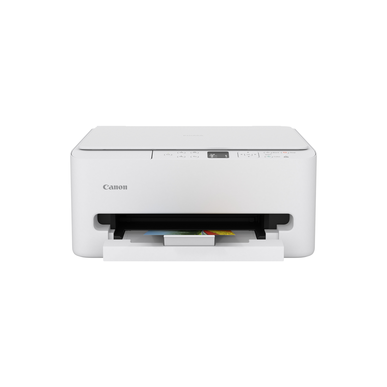 A white Canon printer is on a white background. The printer's tray is open with a colorful print inside.