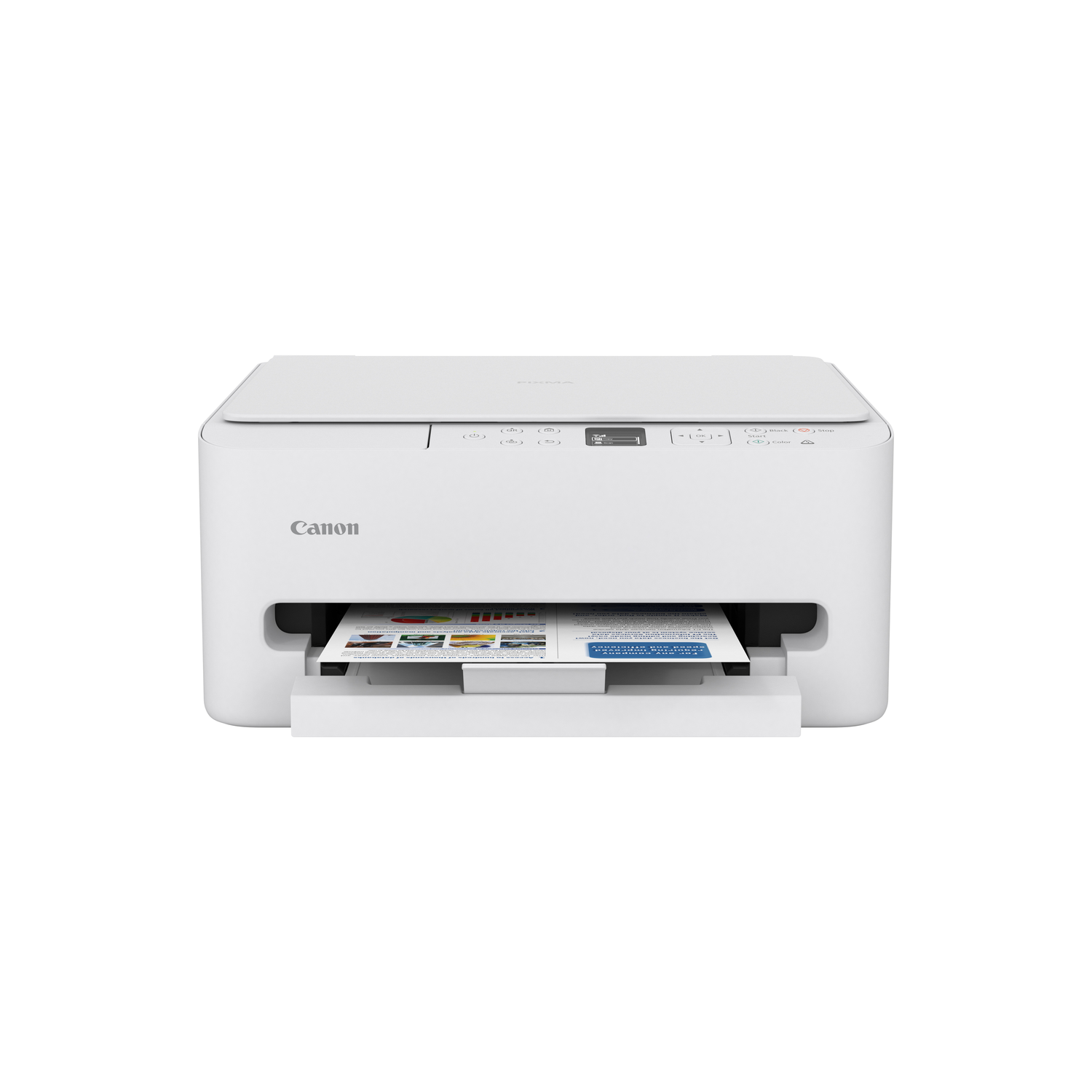 A white Canon printer is shown. A printed page is in the output tray. The printer's control panel is on top.