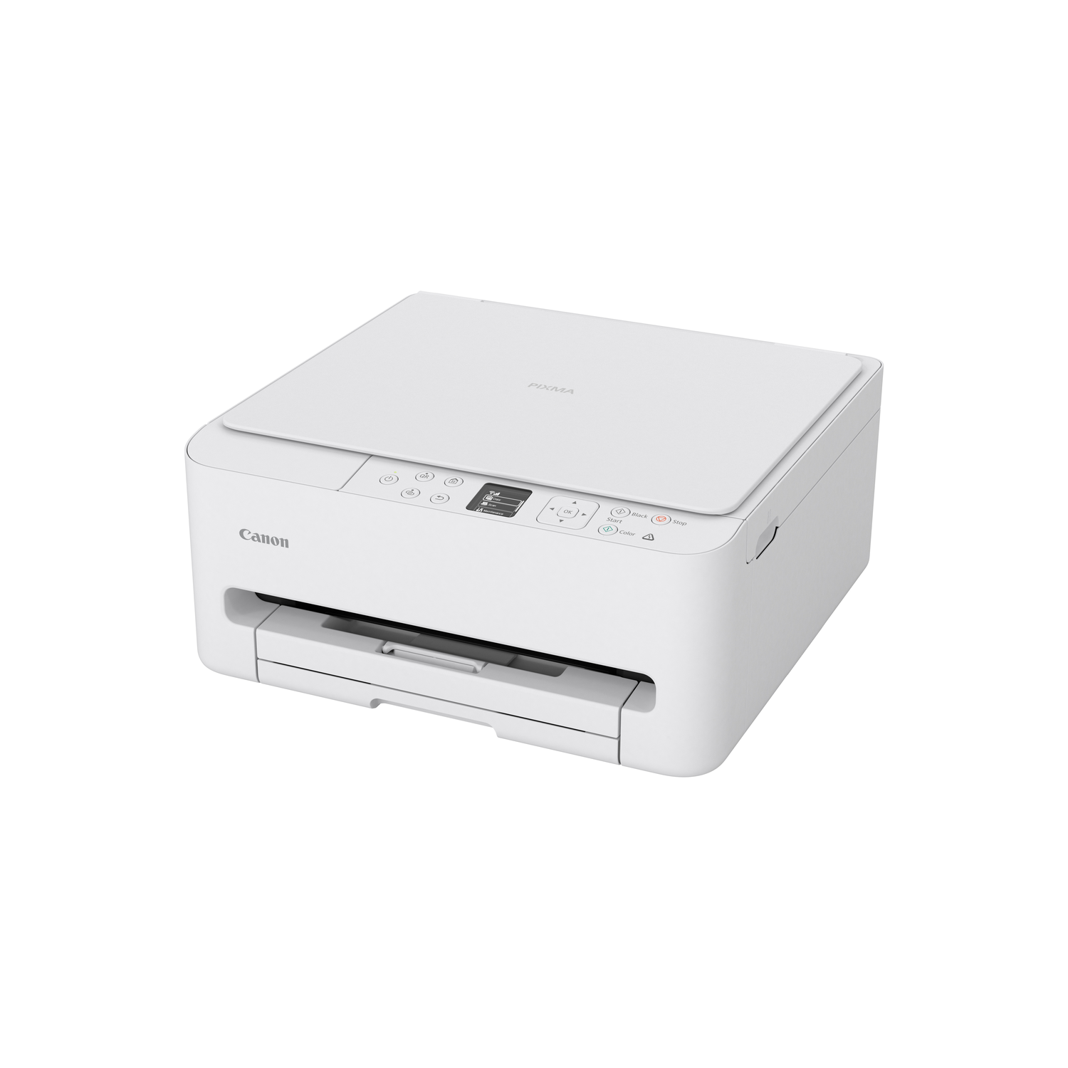 A white Canon Pixma printer is displayed on a white background. The printer has a scanner lid and a paper output tray.